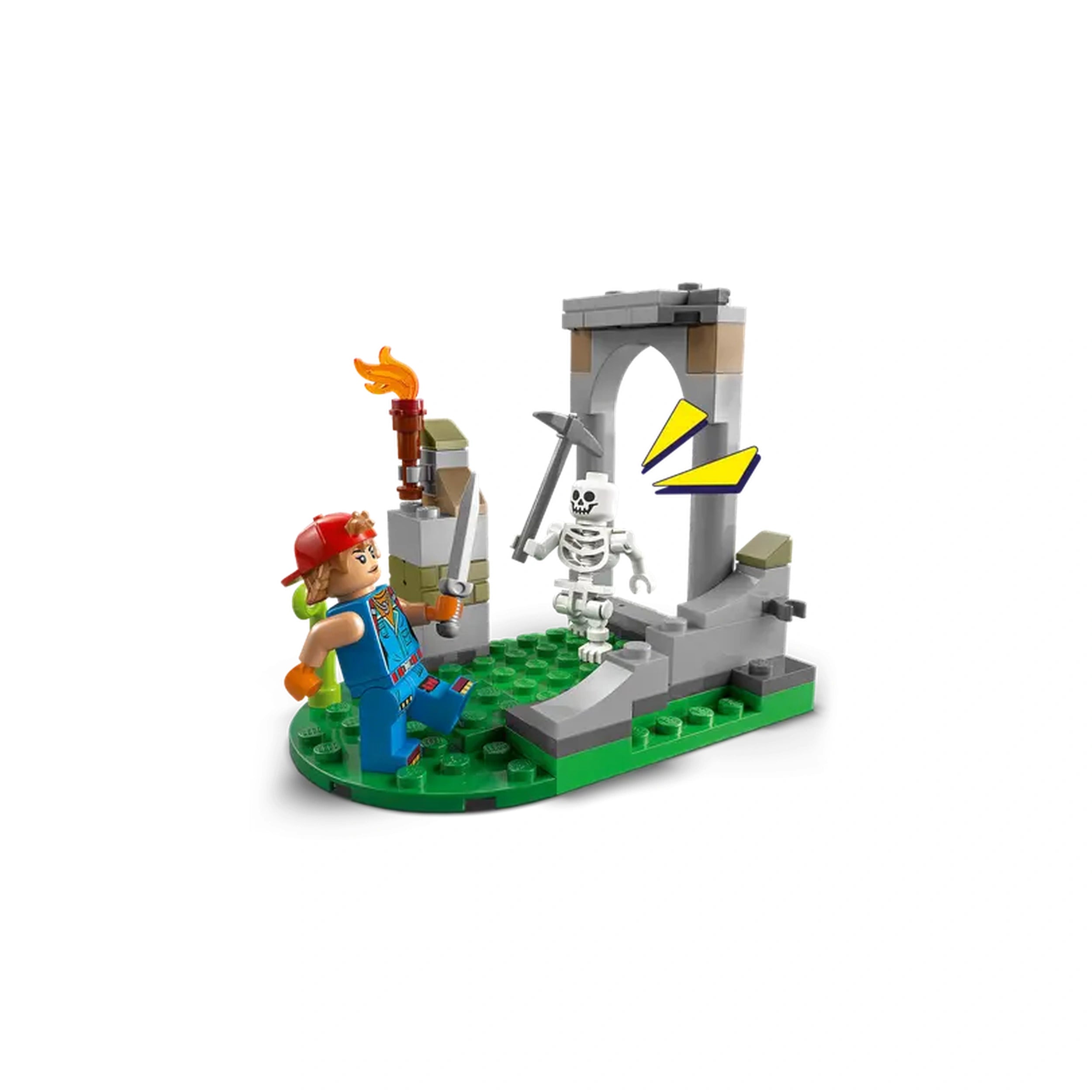 LEGO Fortnite building set featuring a character with a sword and another with a torch, facing a skeleton behind an archway, on a green base.