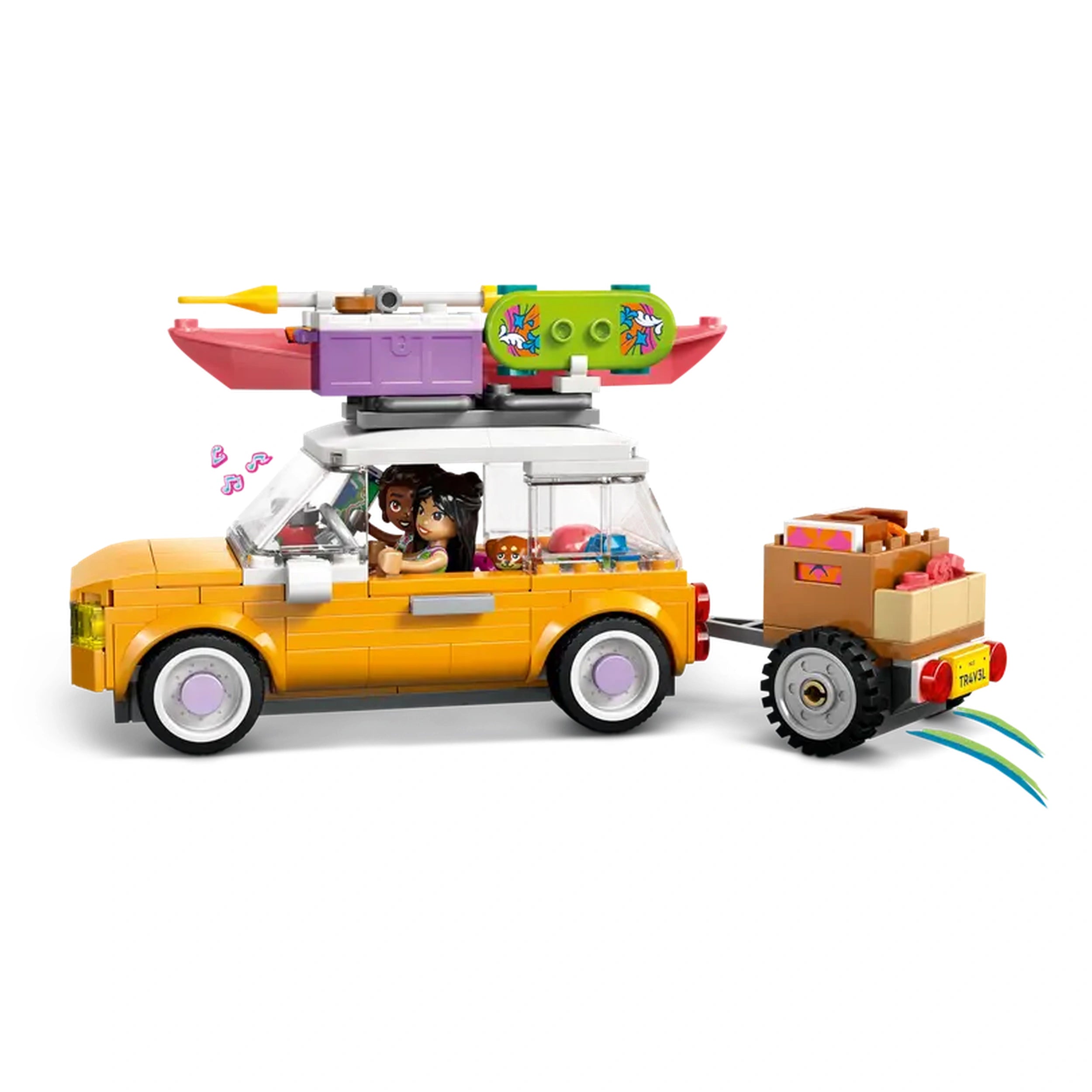 LEGO Friends travel car in vibrant orange, with a rooftop kayak and a trailer packed for adventure. Two minidolls and a puppy figure inside.