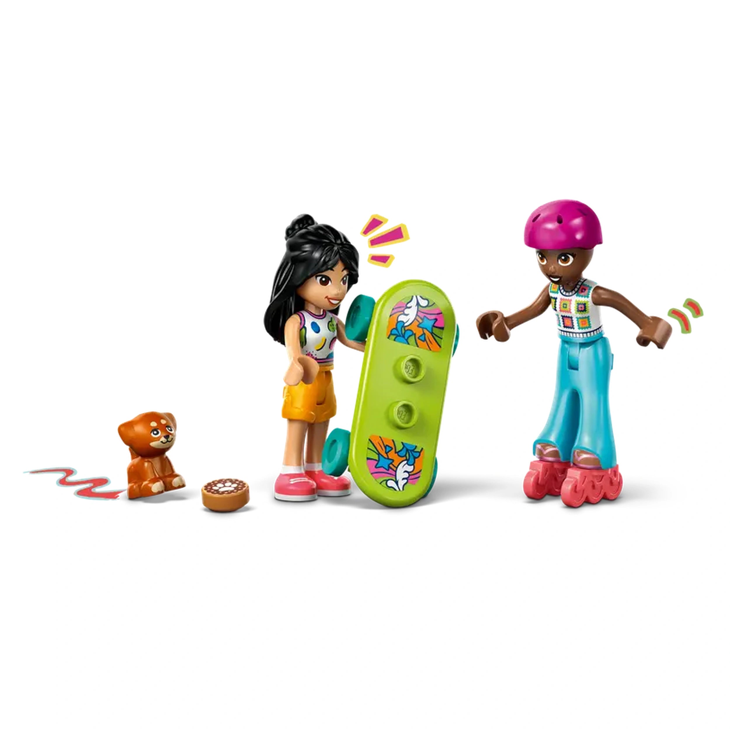 Two LEGO Friends characters cheerfully interact with a vibrant green skateboard, while a playful puppy and a cookie sit nearby.