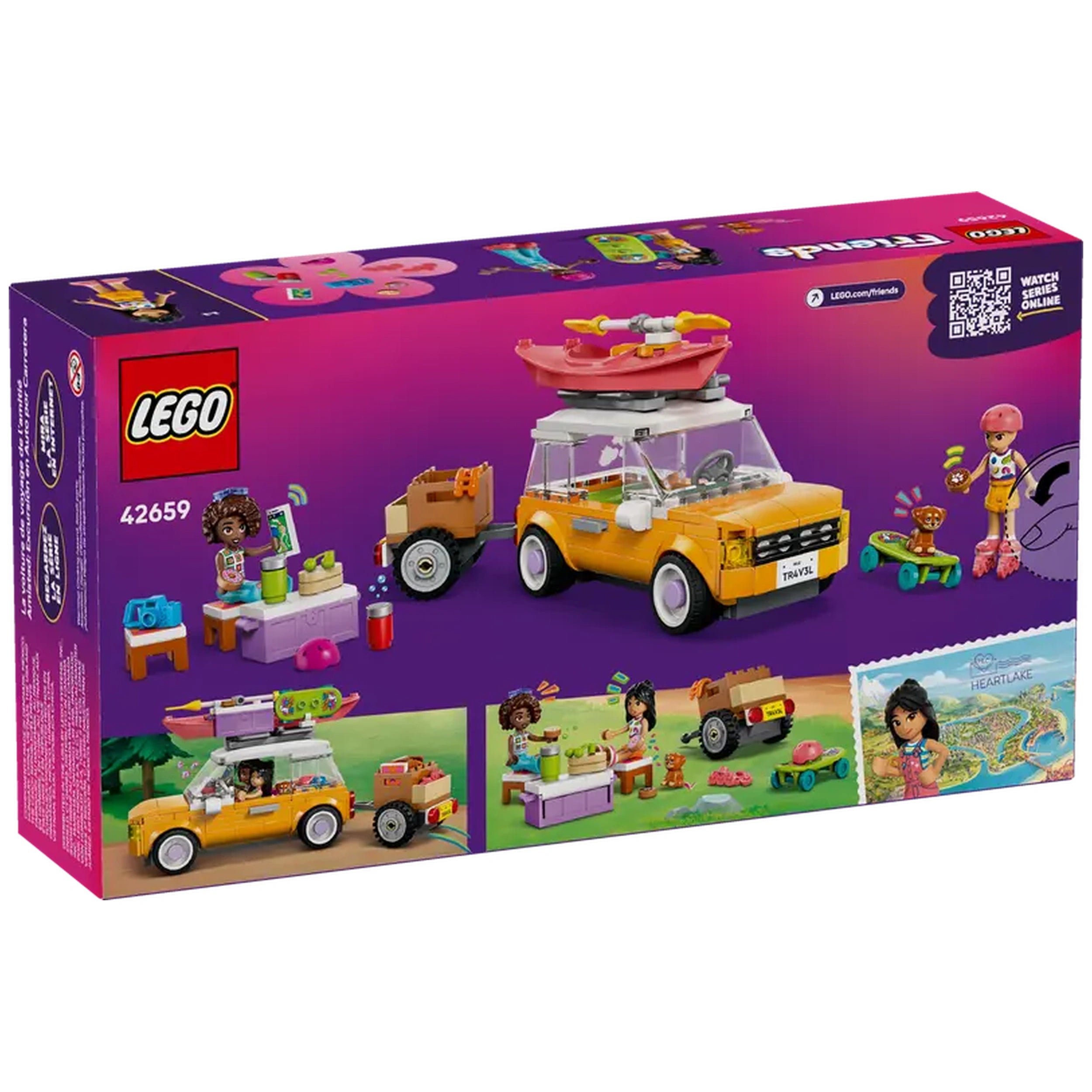 Brightly colored LEGO® Friends Friendship Road-Trip Travel Car set, featuring an orange vehicle with a trailer, minidolls Liann and Aliya, and a puppy figure, displayed against a vibrant purple background.