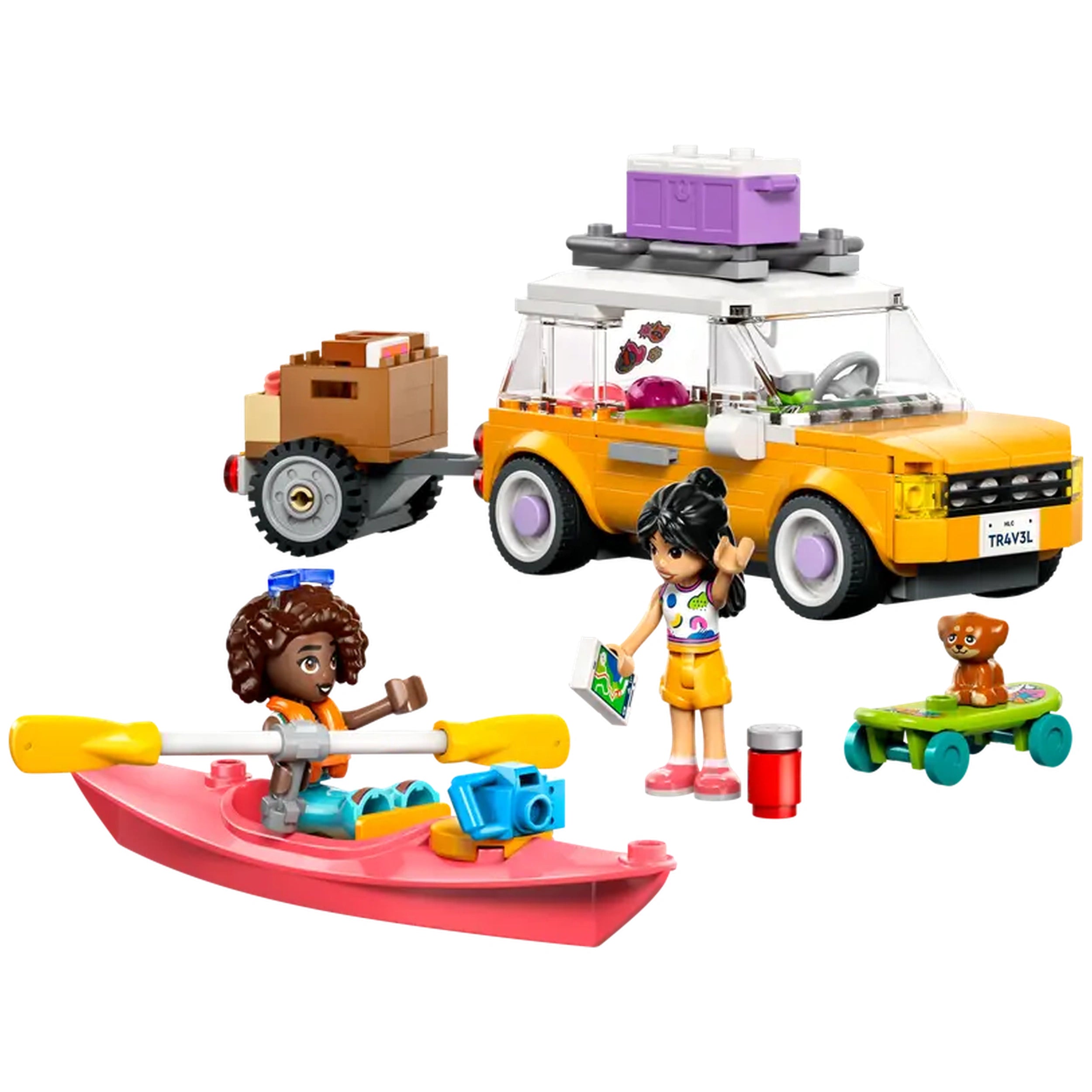 LEGO Friends travel car in vibrant orange with a trailer, two minidolls exploring outdoors, a pink kayak, and a cute puppy figure.