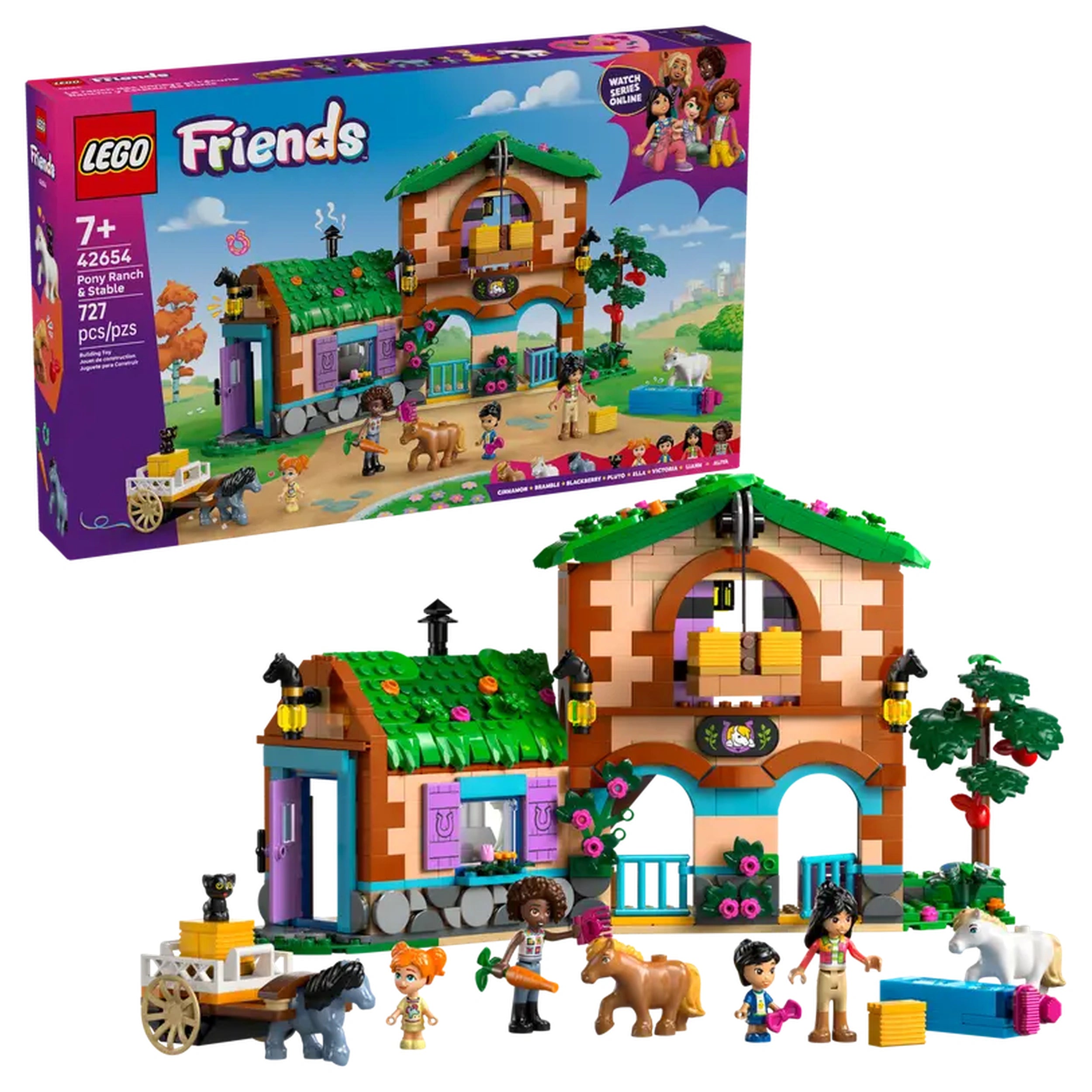 Colorful LEGO® Friends Pony Ranch & Stable set with two buildings, four characters, a pig, horses, and a cart. Features vibrant greenery and flowers.