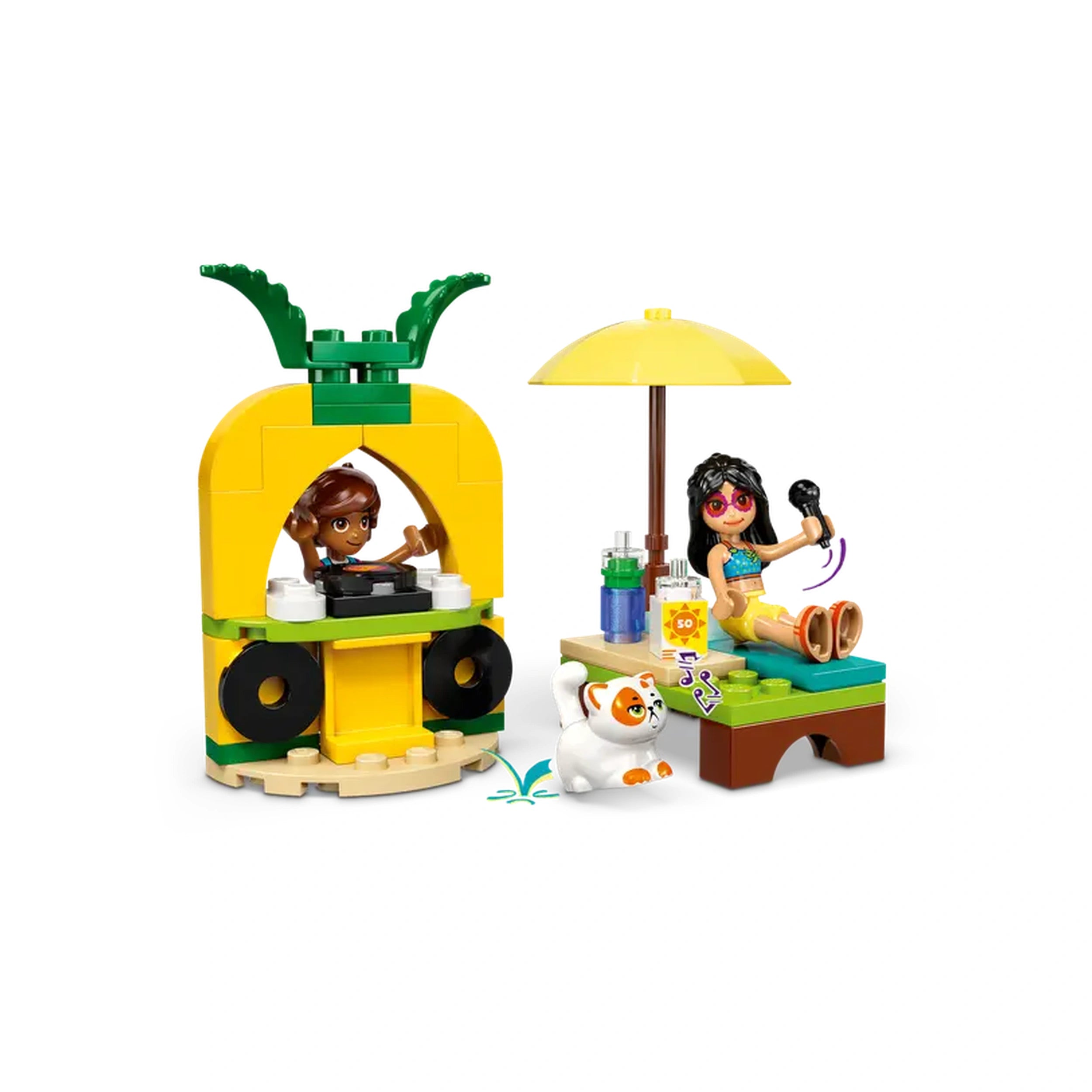 A colorful LEGO set featuring a pineapple-themed stand with a minidoll DJ on one side and another minidoll relaxing under a yellow umbrella while holding a microphone. A playful white cat sits by the minidoll, adding to the fun pool party scene.