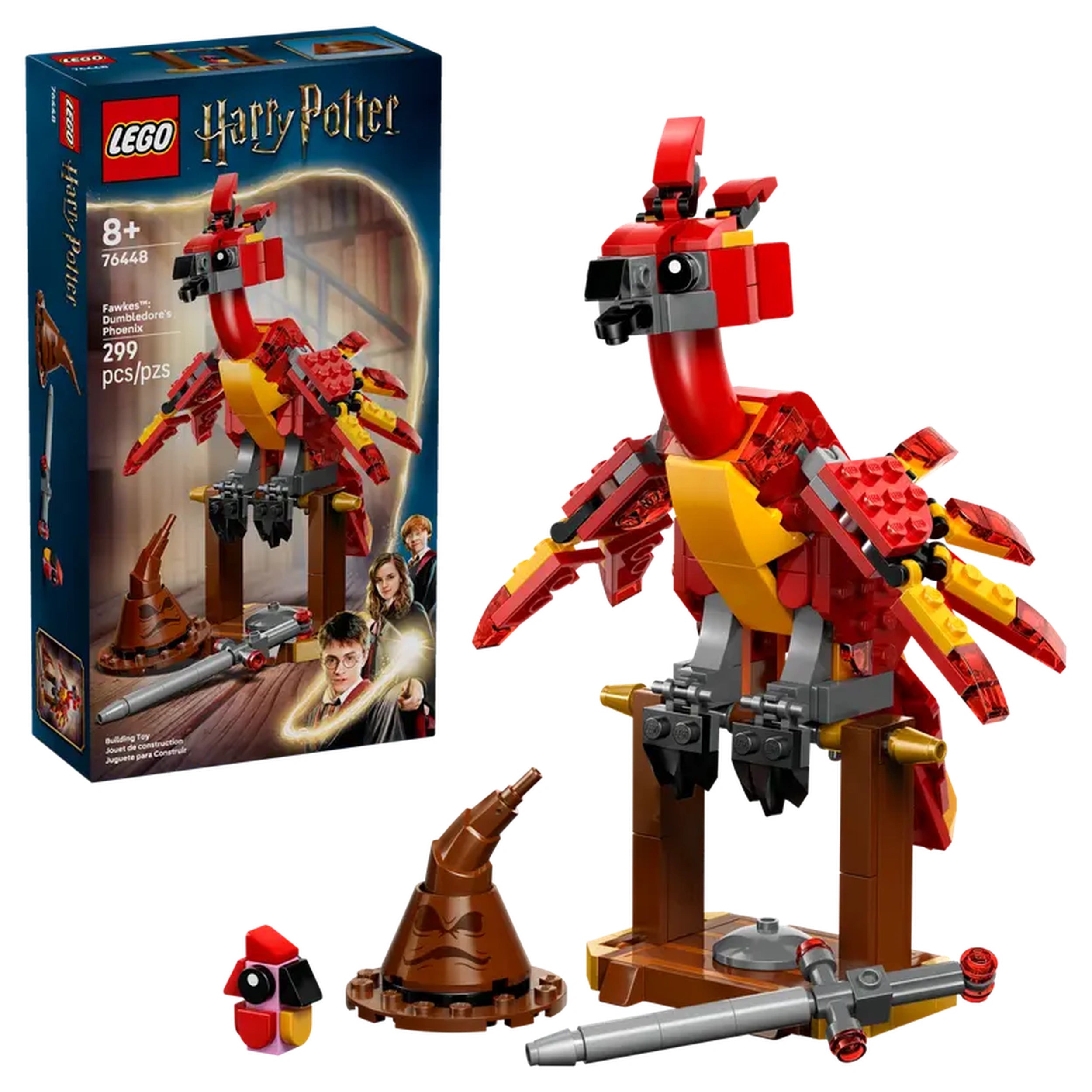 LEGO Harry Potter Fawkes Dumbledore’s Phoenix set featuring a red and yellow phoenix figure, buildable stand, Sorting Hat, and a baby Fawkes figure.