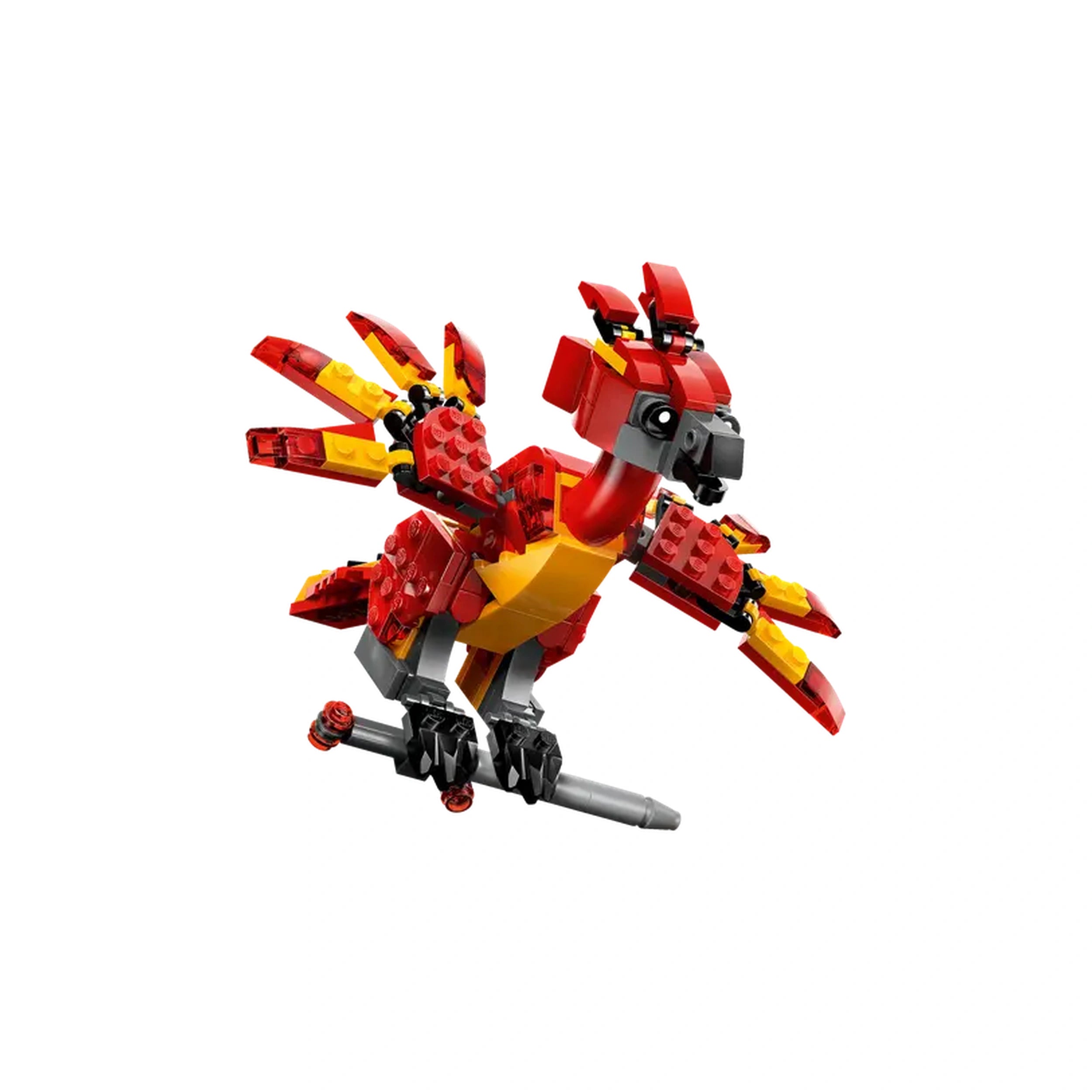 Colorful LEGO® Fawkes™ figure with red and yellow feathers, detailed wings, and a vivid beak, posed mid-flight.
