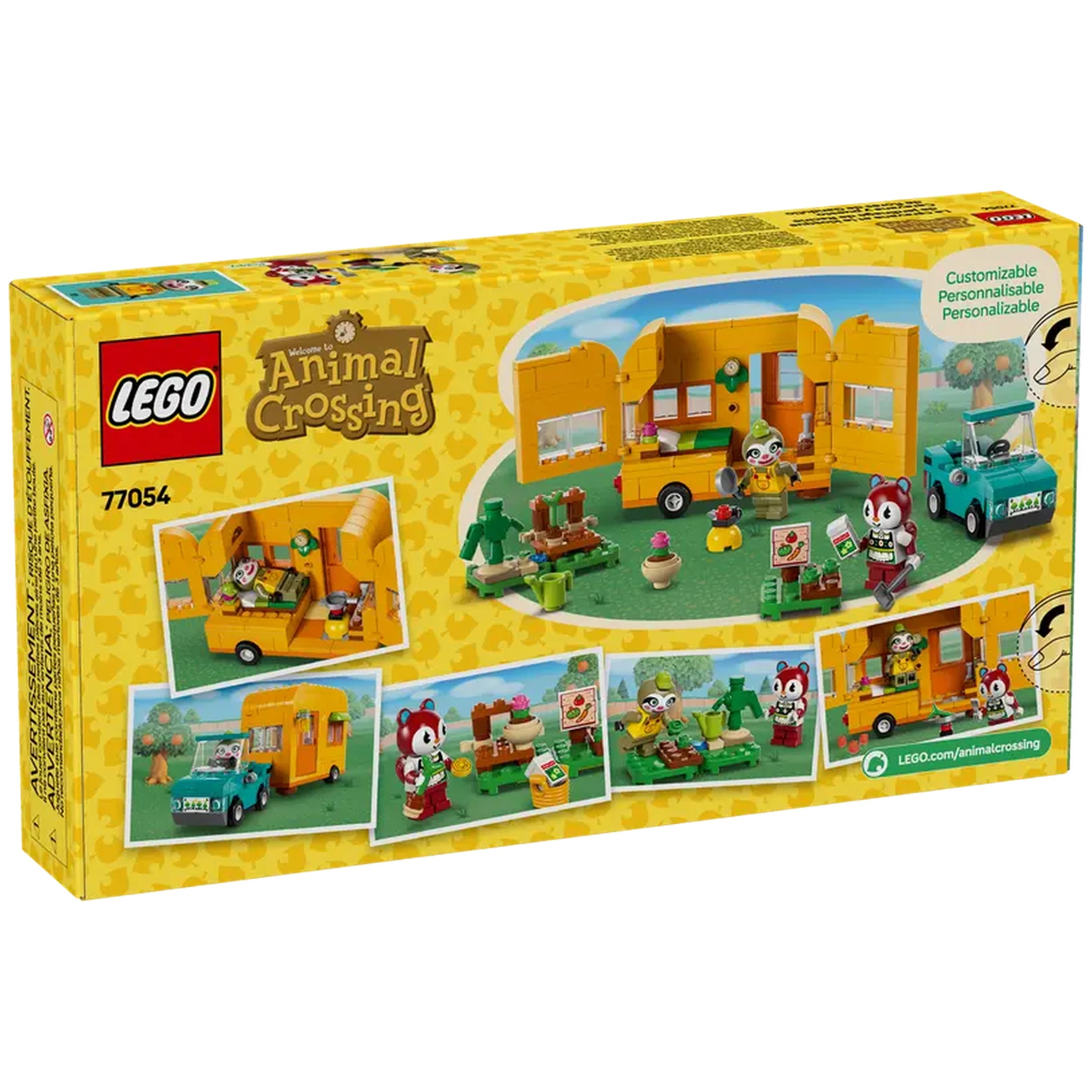 LEGO Animal Crossing Leif's Caravan & Garden Shop set features vibrant colors, two minifigures, and various accessories for imaginative play.
