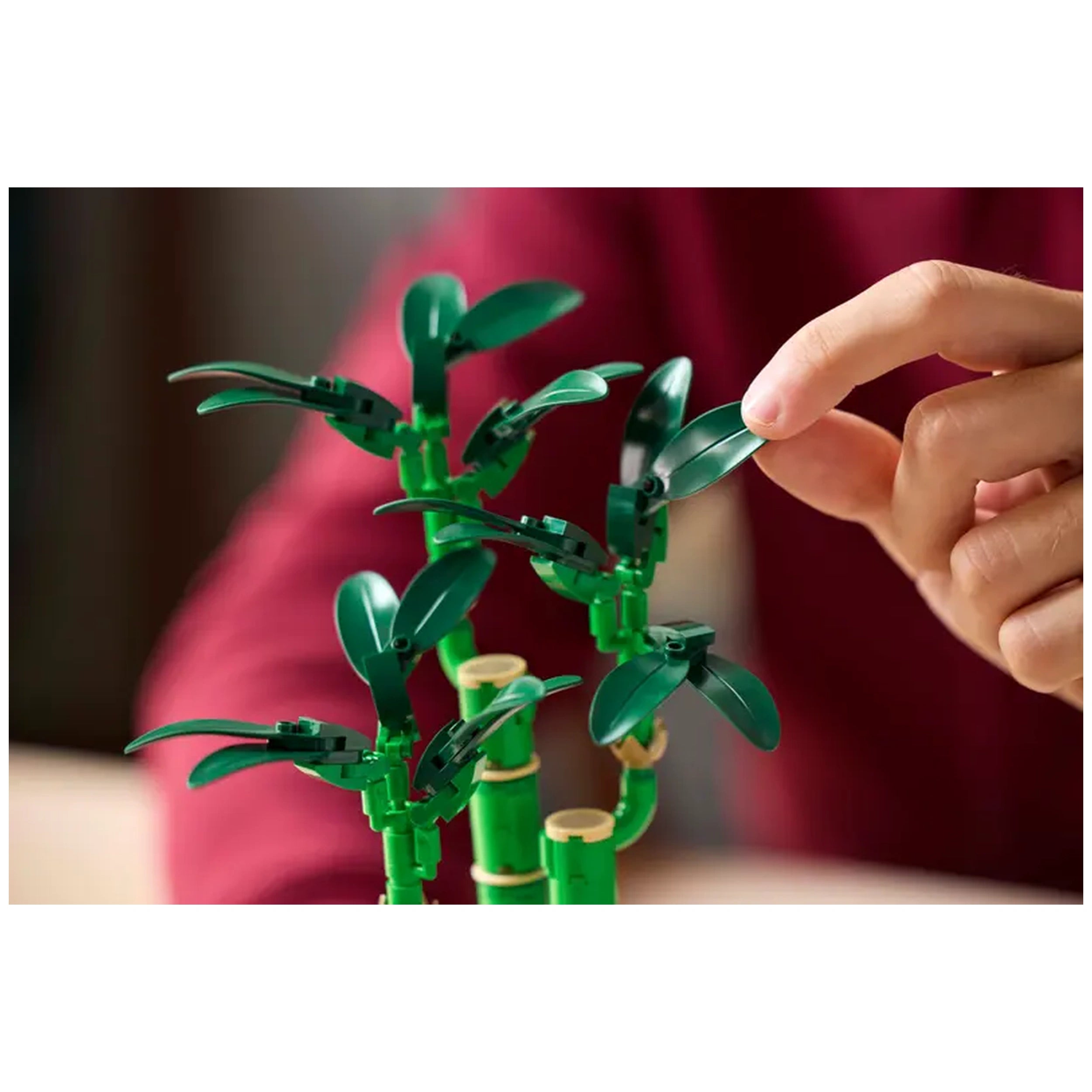A hand gently adjusts a dark green leaf on a LEGO® Botanicals Lucky Bamboo construction set, showcasing vibrant bamboo stems and detailed leaves against a blurred background.