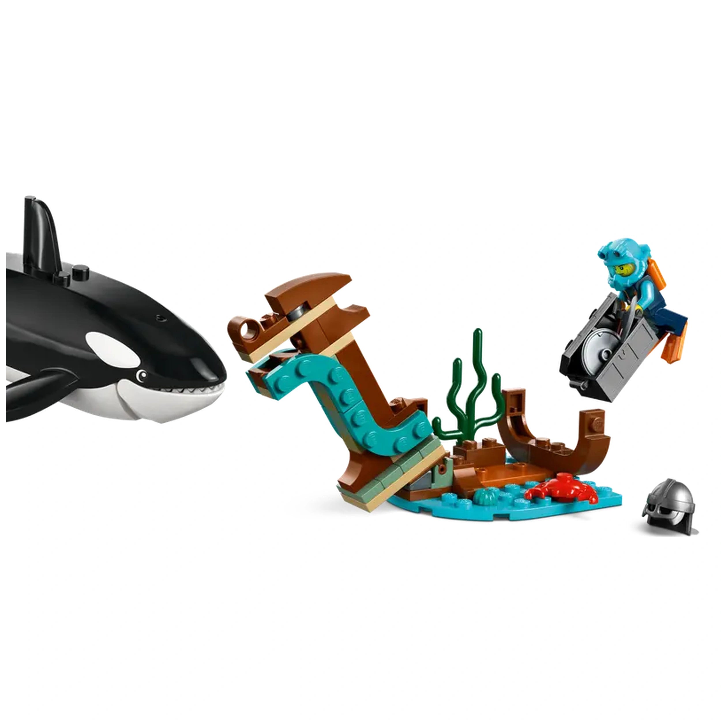 Lego Arctic Explorer set featuring an orca, a diver, a sunken ship's bow, seaweed, and a treasure chest with a crab.