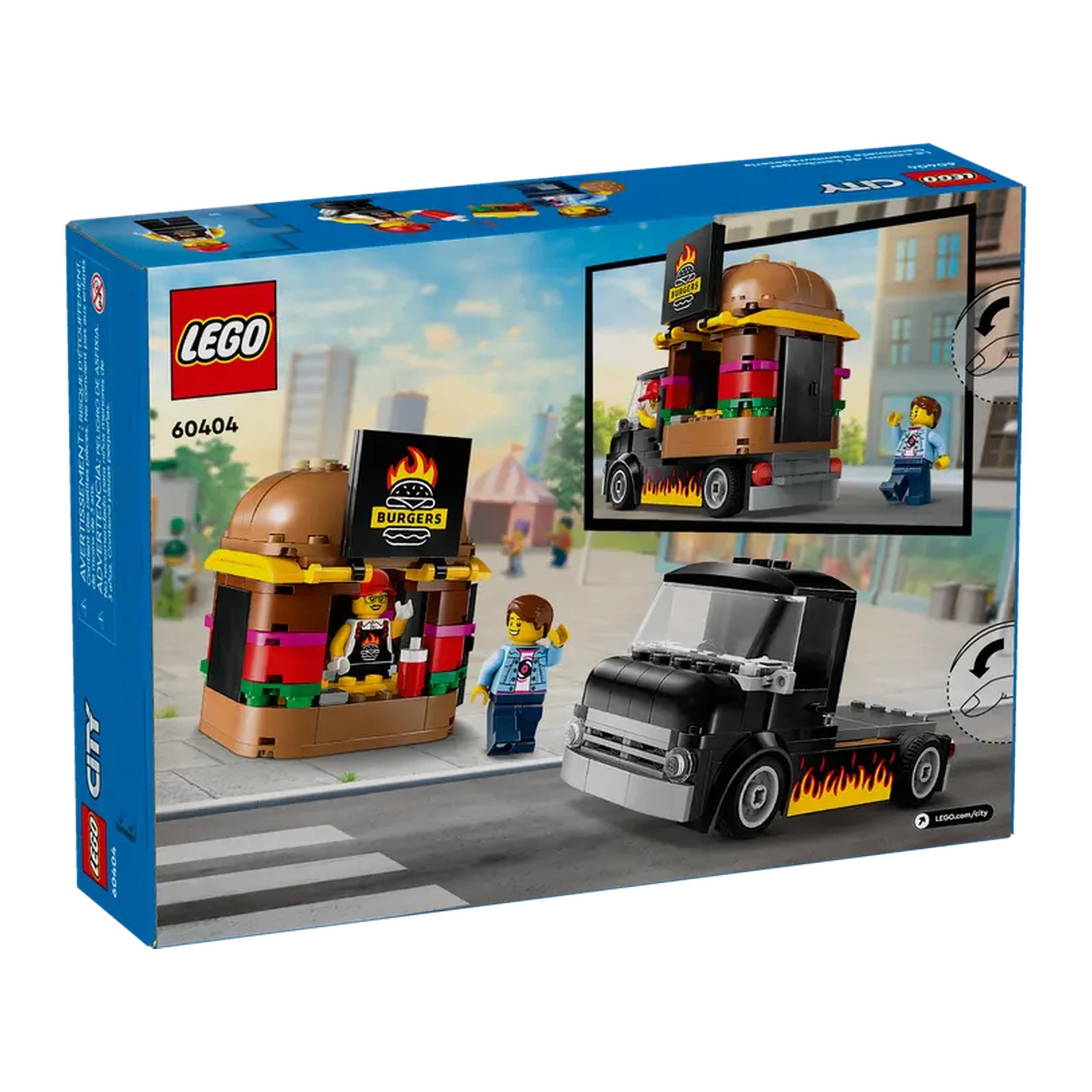 LEGO City Burger Truck construction set featuring a vibrant food truck with a giant burger on top, and a colorful food stall. Two minifigures, a vendor and a customer, are included.