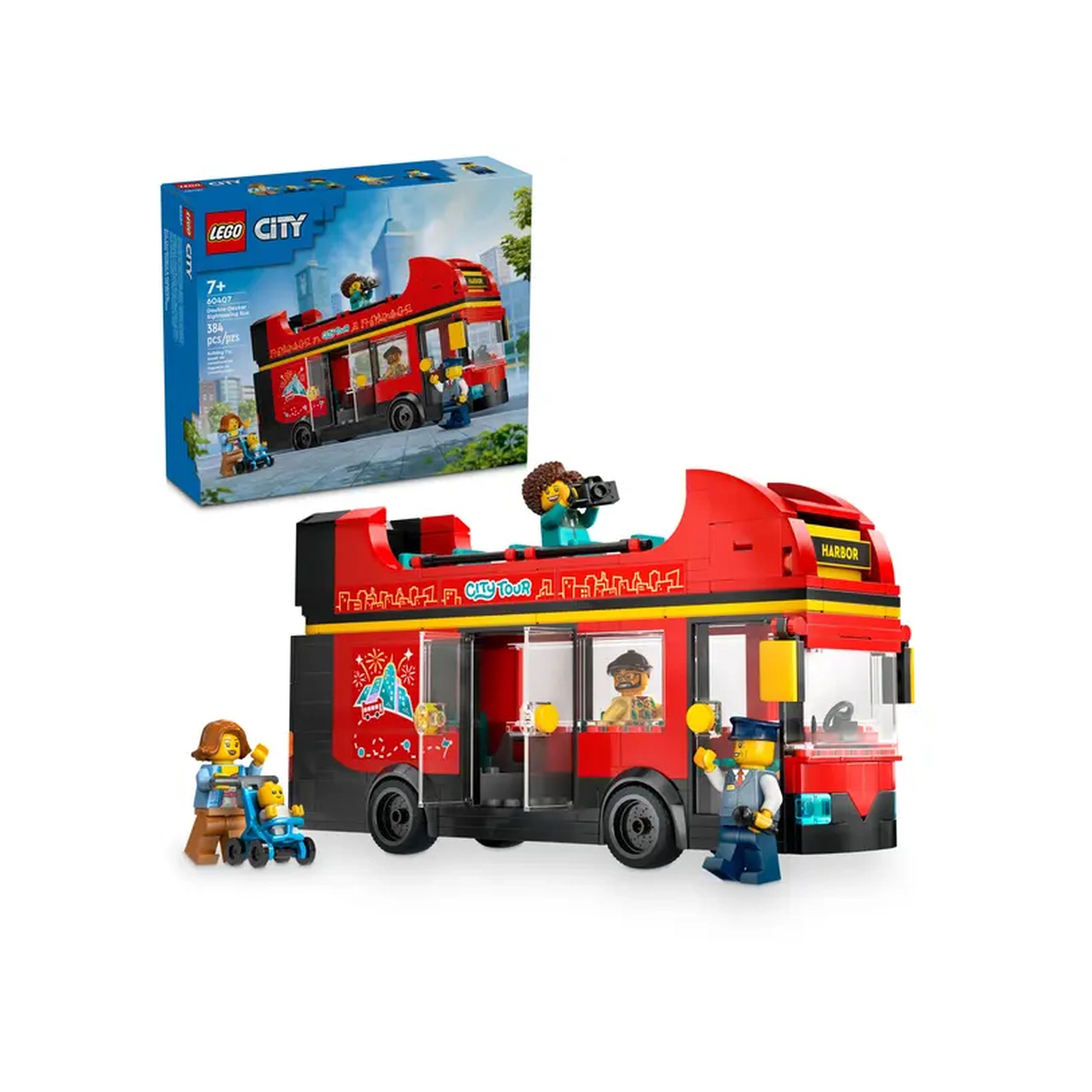 LEGO® City Double-Decker Sightseeing Bus set, featuring a vibrant red bus with open-air upper deck, driver, and three minifigures.