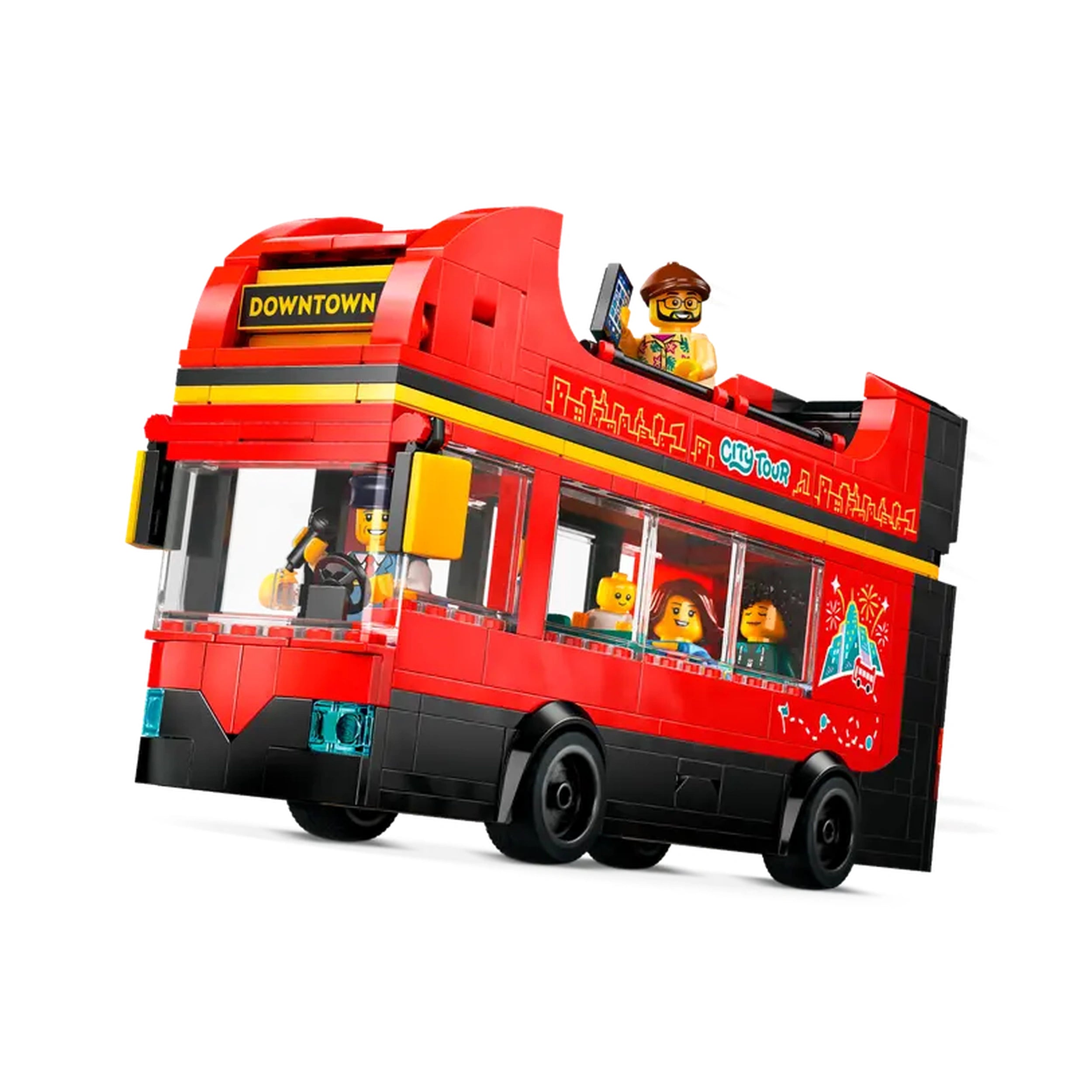 LEGO City Double-Decker Sightseeing Bus in vibrant red, featuring a driver and three passengers on board, with a "DOWNTOWN" sign.