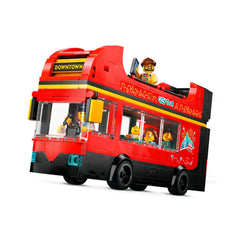 LEGO City Double-Decker Sightseeing Bus in vibrant red, featuring a driver and three passengers on board, with a "DOWNTOWN" sign.