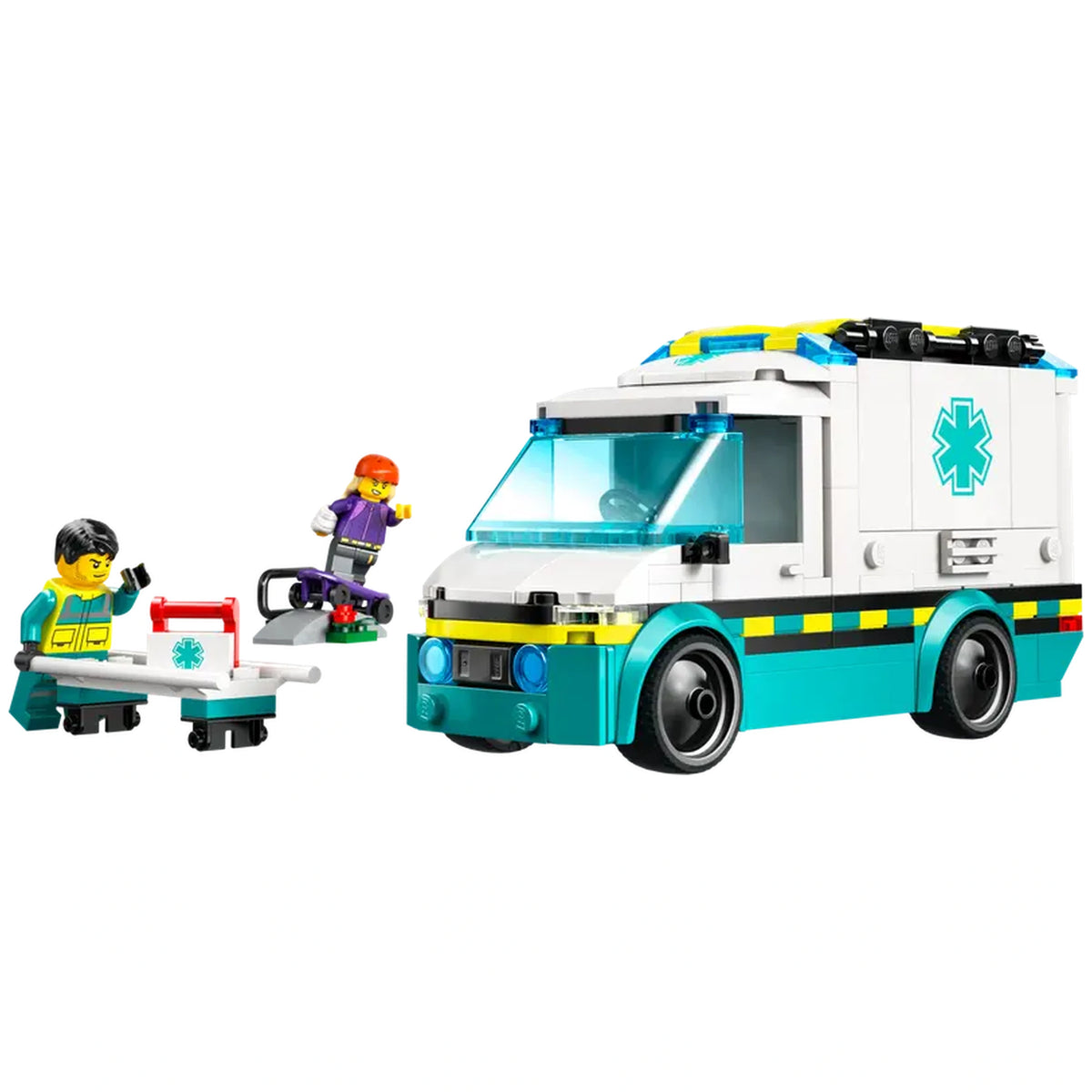 LEGO City Emergency Ambulance construction set featuring a blue and white ambulance, a paramedic minifigure with a stretcher, and a skateboarder.