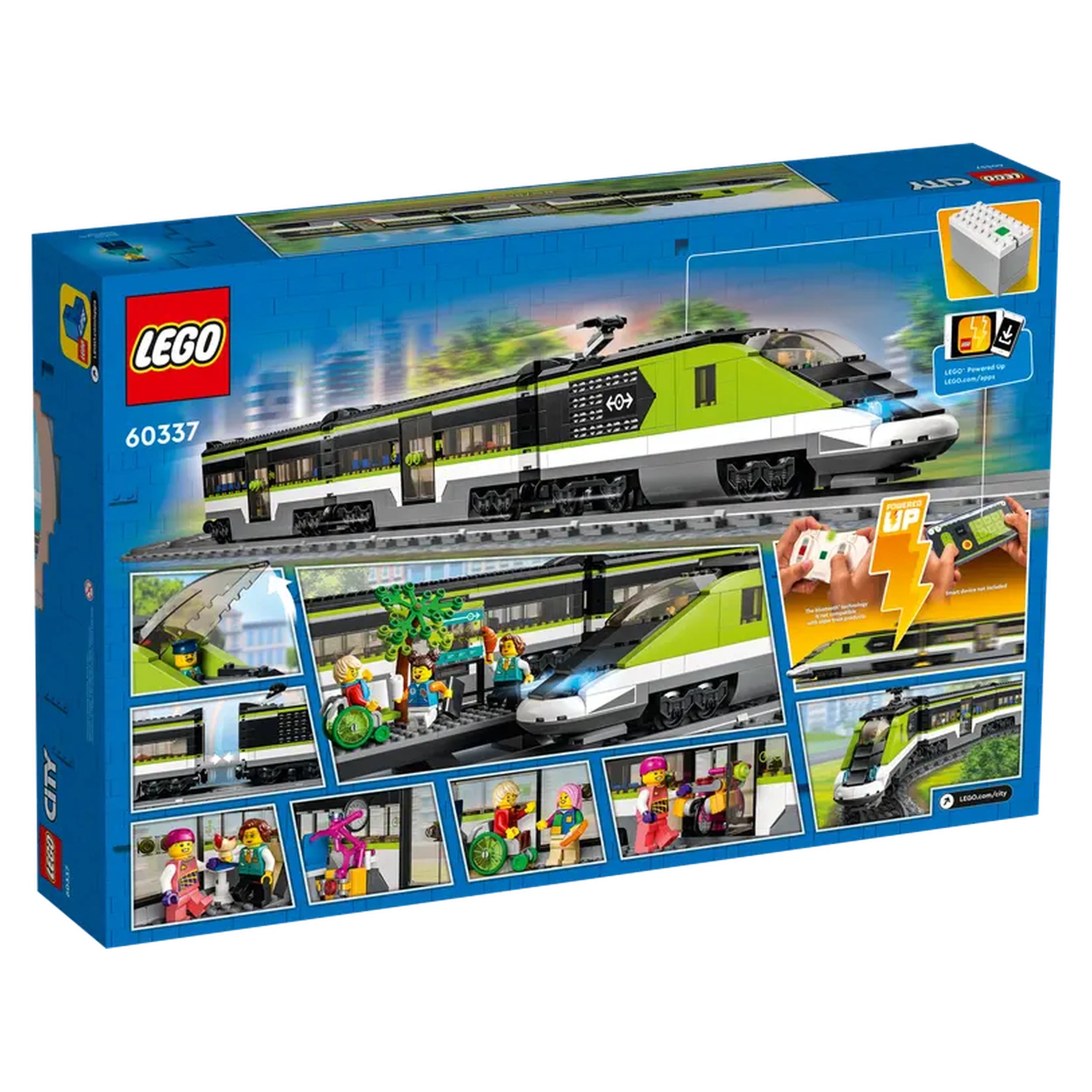 LEGO City Express Passenger Train construction set packaging, featuring a green and white bullet train, remote control, and play scenes with minifigures.