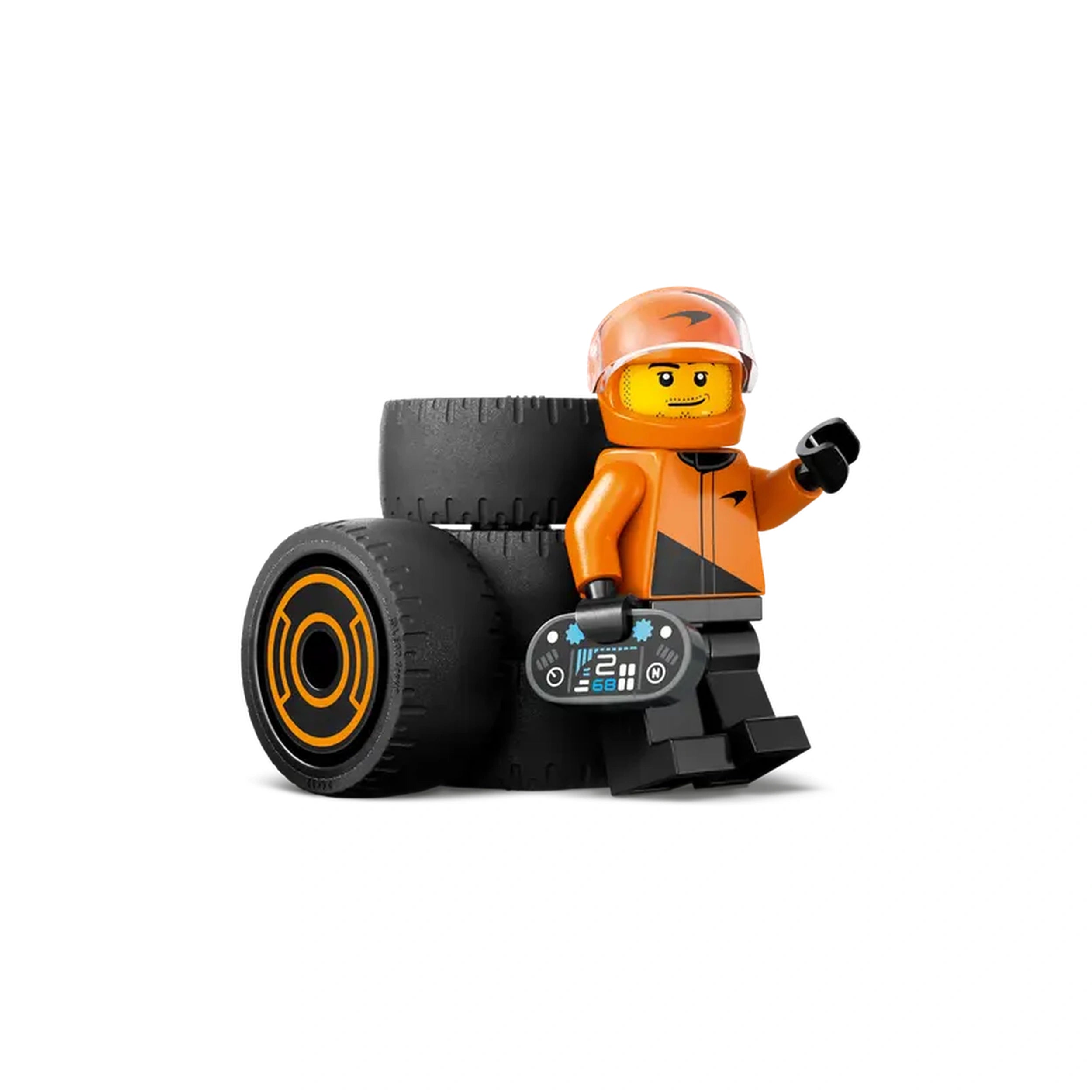 LEGO® City F1® Driver minifigure in orange racing suit stands beside black racing tires, holding a steering wheel with digital display.