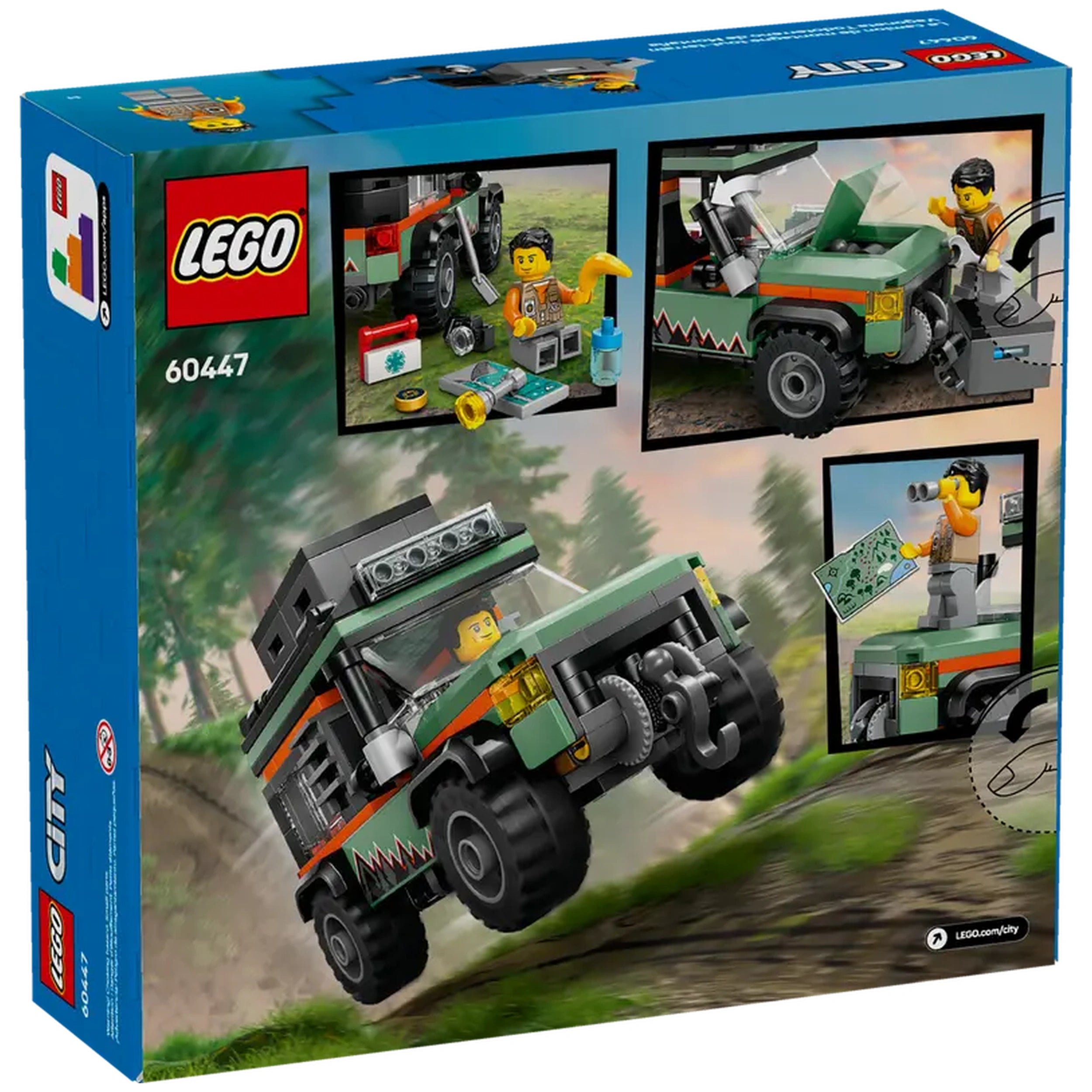 LEGO® City Off-Road 4x4 Mountain Truck set displaying a rugged green truck with a roof storage box, alongside mini-figures and tools for adventurous play.