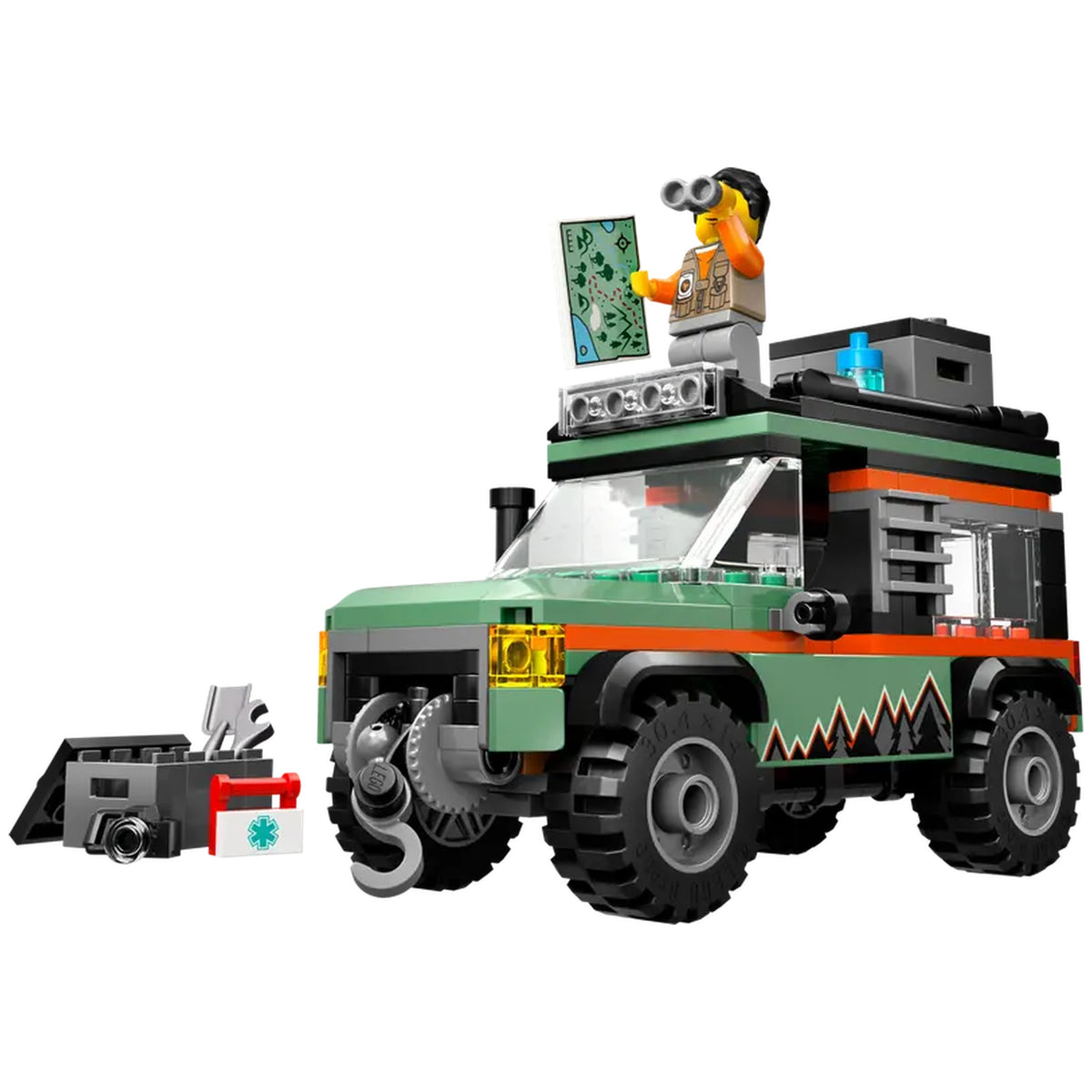 LEGO® City Off-Road Mountain Truck in vibrant green and orange, featuring a minifigure on the roof holding binoculars and a map. The truck showcases rugged tires, a working winch, and roof storage boxes, positioned next to a tool set for adventurous play.
