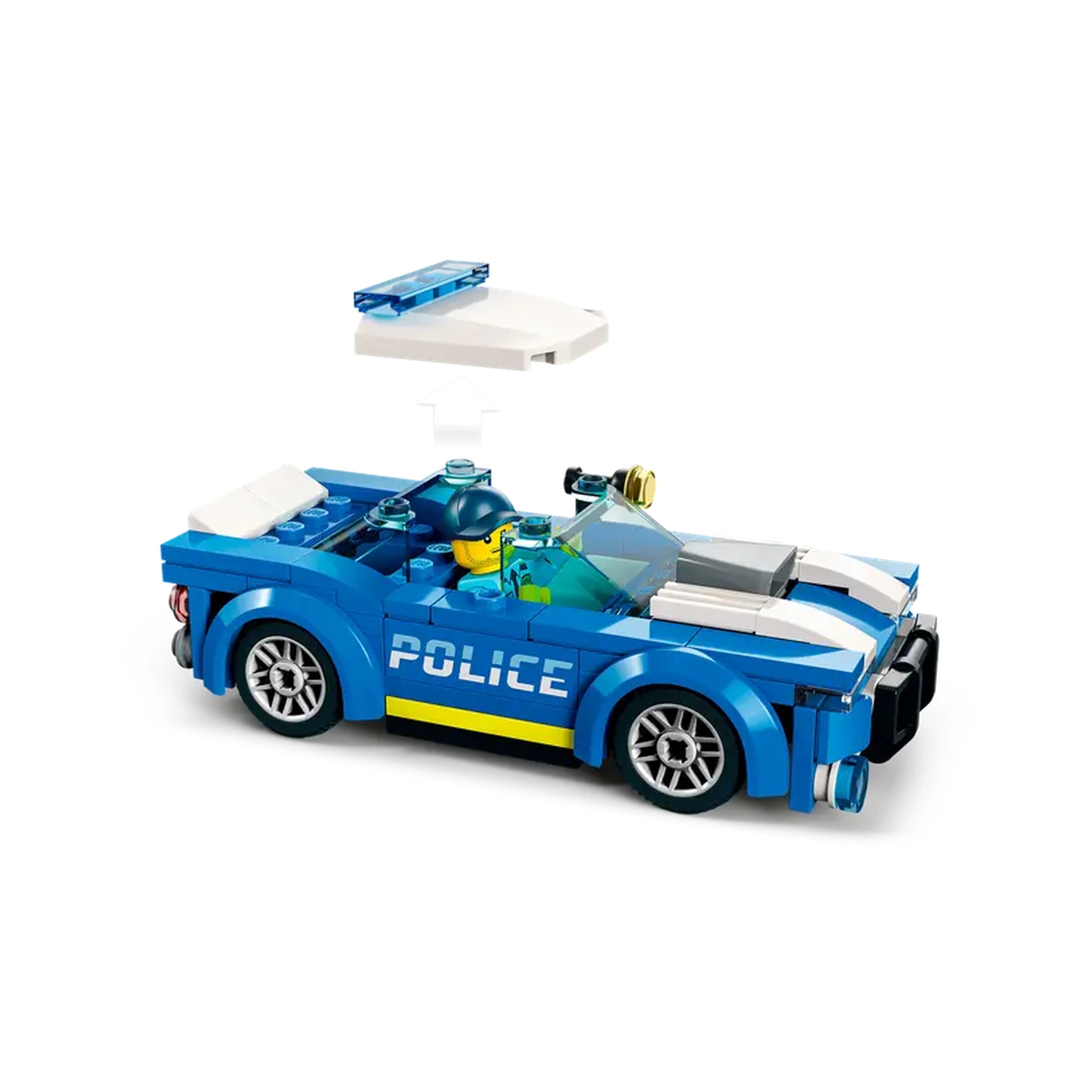 LEGO® City Police Car in vibrant blue, featuring sleek design, cool rims, and a police officer minifigure behind the wheel, with a removable roof piece.