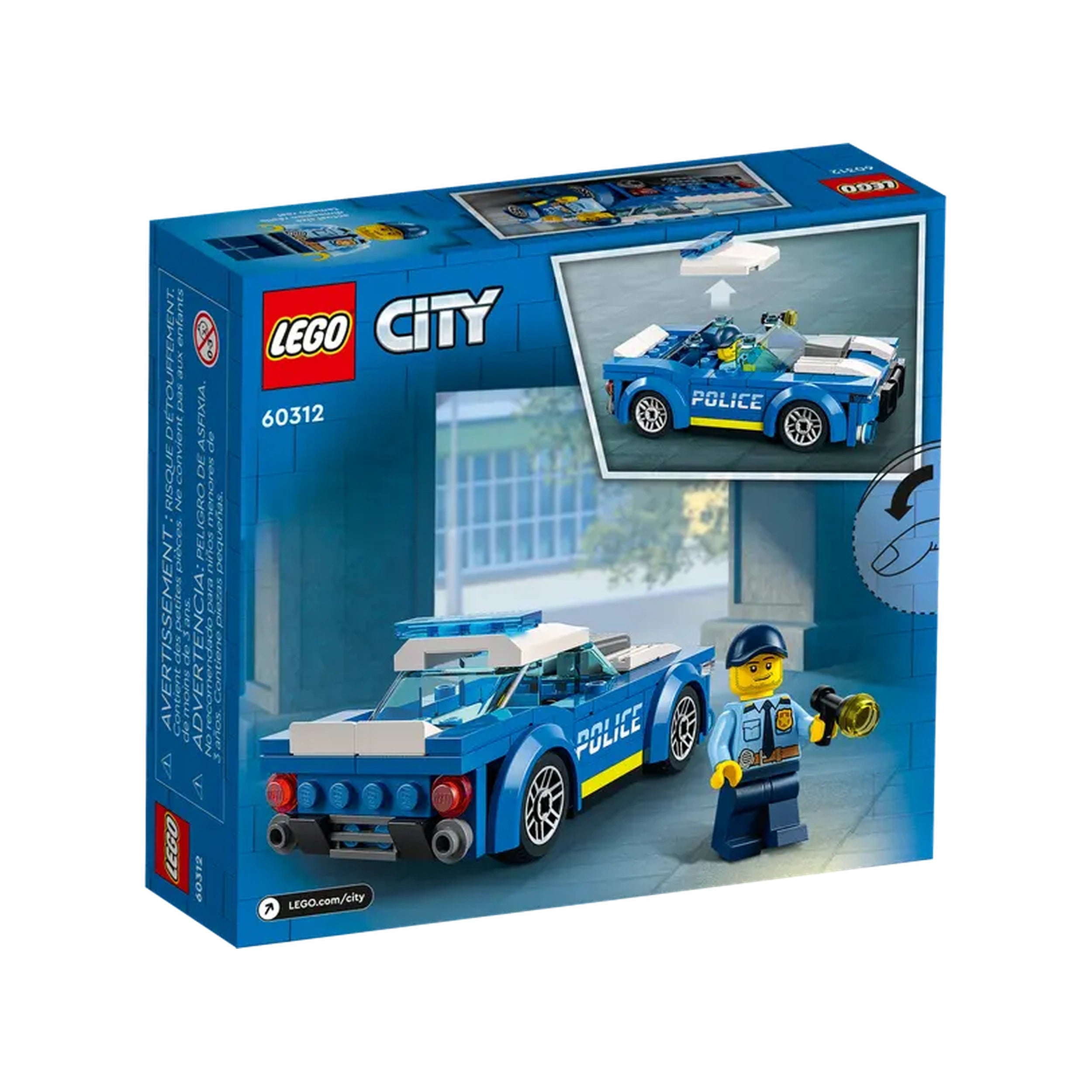 LEGO City Police Car construction set featuring a blue police vehicle with a minifigure officer holding a flashlight in a playroom setting.