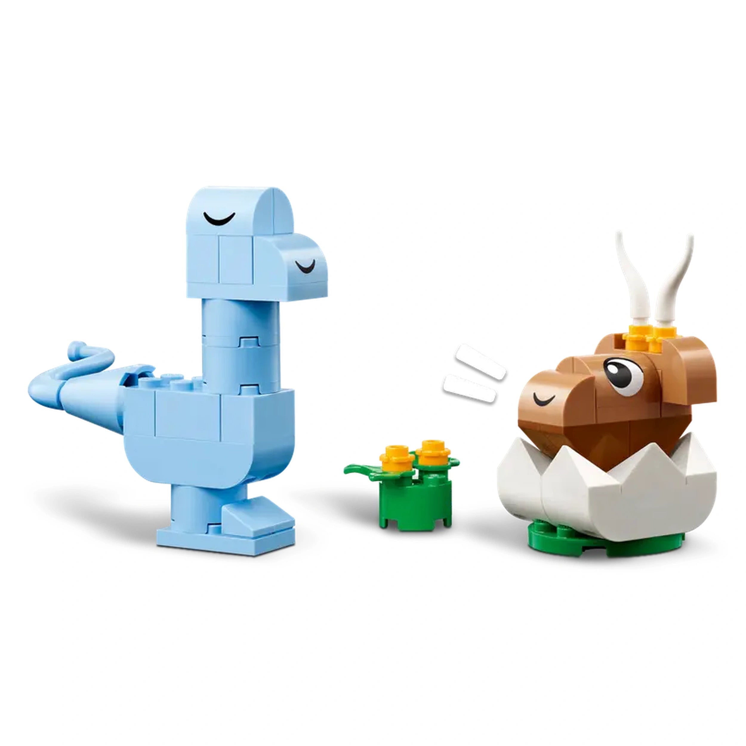 Colorful LEGO dinosaur figures, including a blue dinosaur and a brown baby T. rex in an egg, alongside a small green plant with yellow flowers.