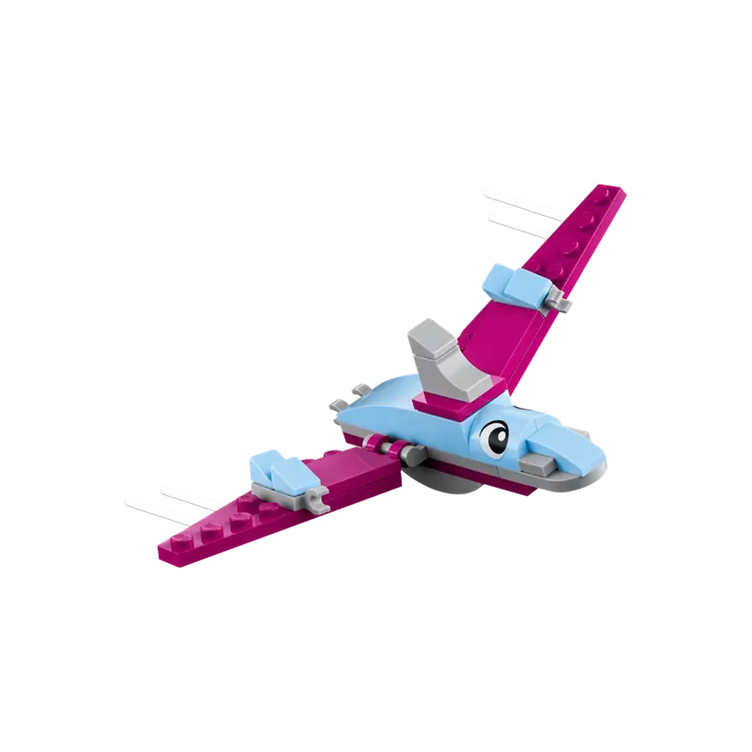 Colorful LEGO dinosaur construction set featuring a blue and pink pterosaur figure with expressive eyes, ready for imaginative play.