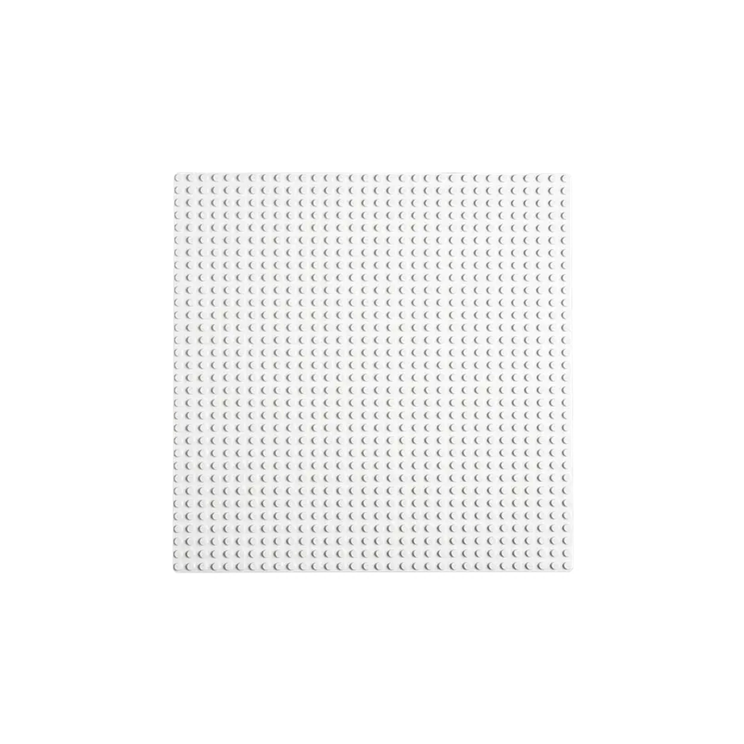 White LEGO Classic baseplate measuring over 9.5 inches square, featuring a smooth surface with a 32x32 stud layout for imaginative building.