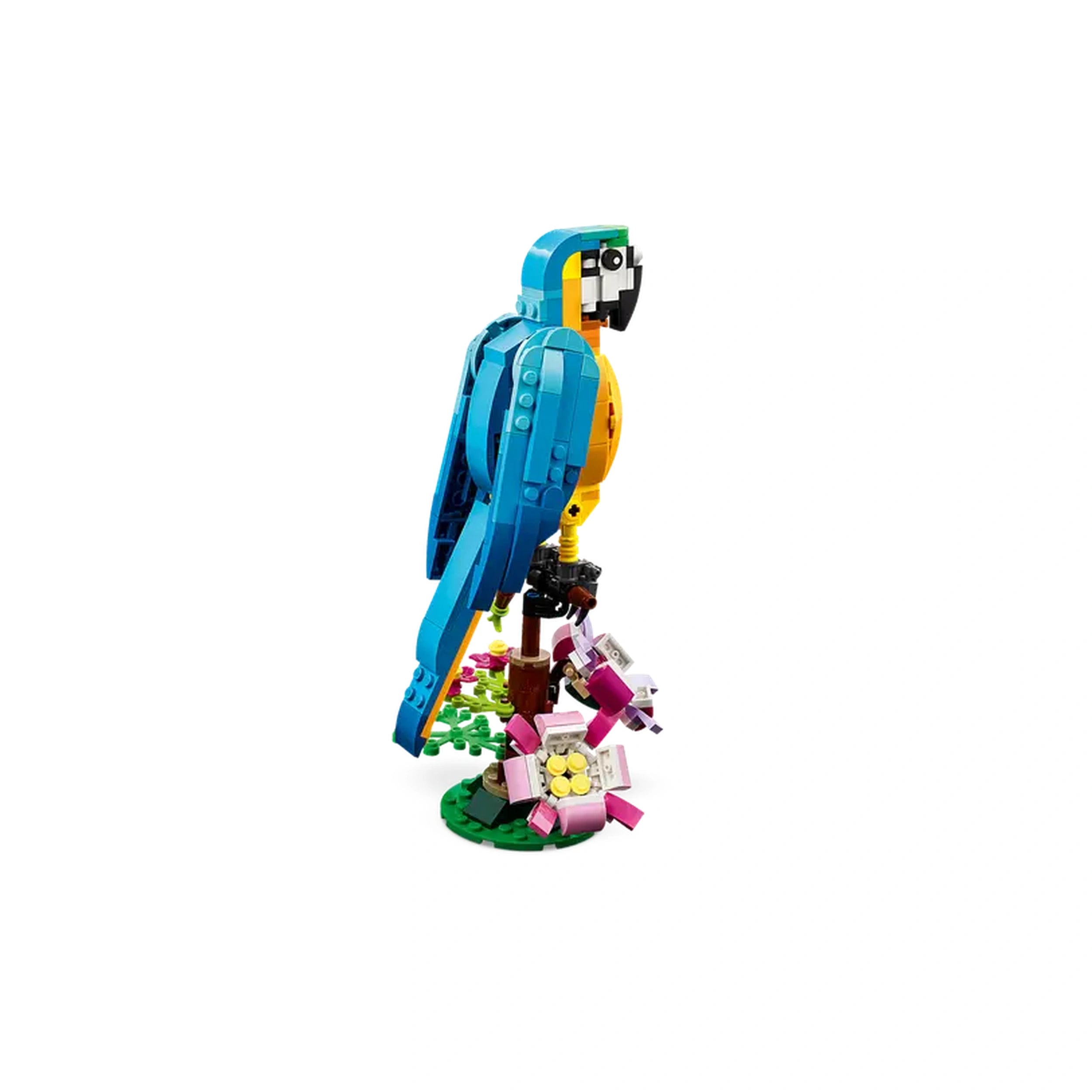 A colorful LEGO® Creator 3in1 Exotic Parrot perched on a tree branch, showcasing vibrant blue and yellow feathers against a green base with pink and yellow flowers.