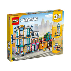 LEGO Creator 3in1 Main Street set featuring a colorful street scene with a three-floor corner hotel, music store, record store, and café.