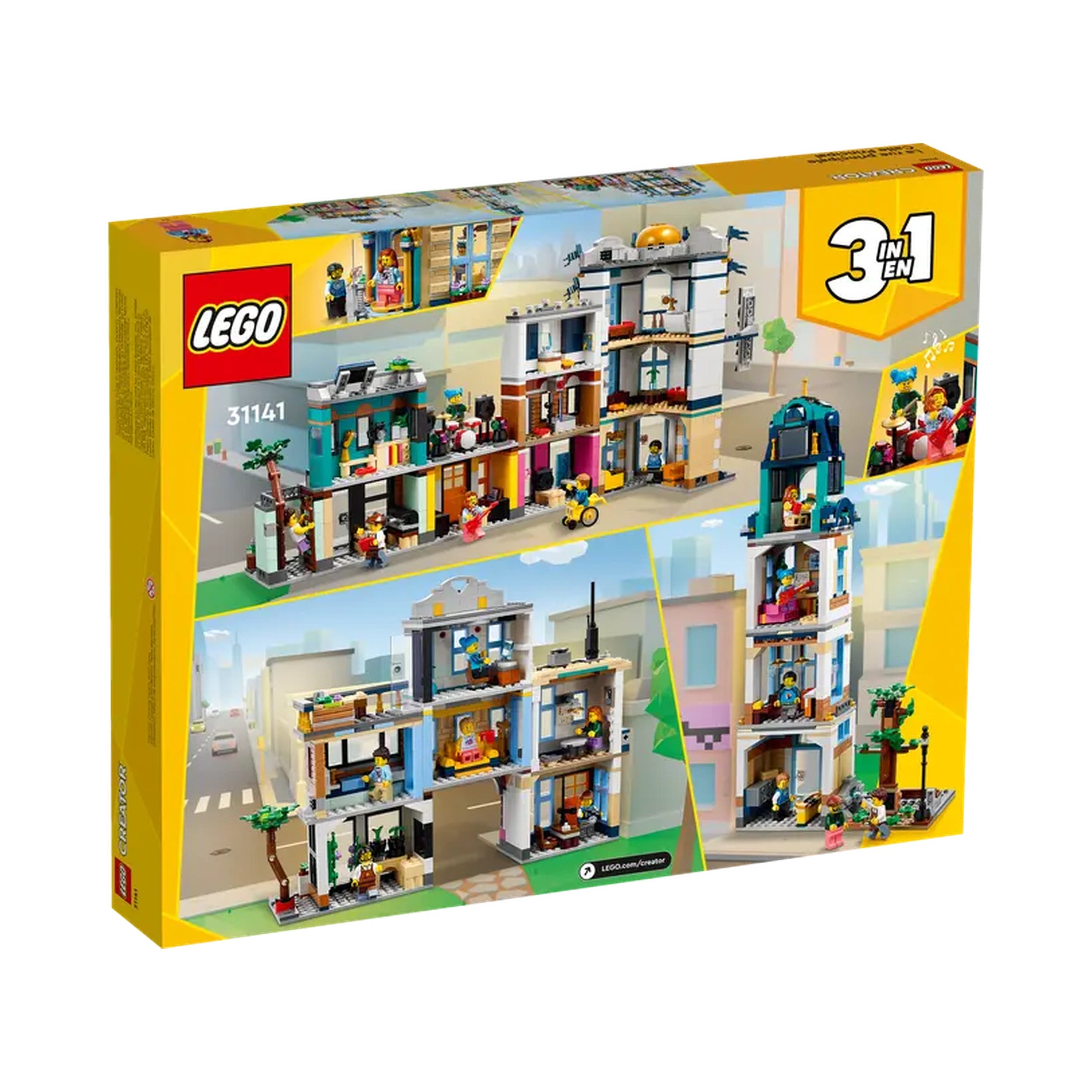 LEGO Creator 3in1 Main Street construction set, featuring four colorful buildings: a hotel, music store, record shop, and café, with miniature figures engaged in activities.