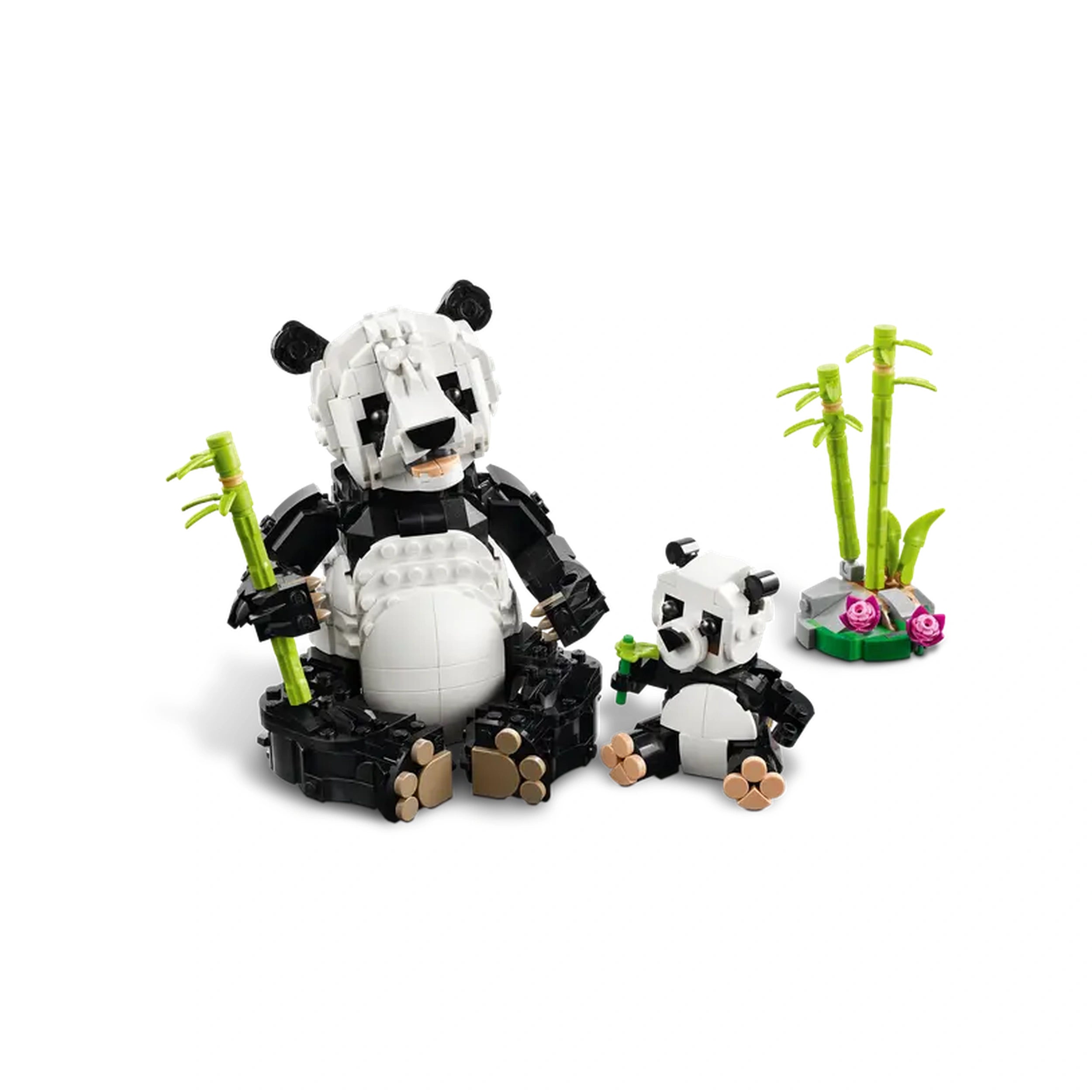 Adorable LEGO Creator Panda Family set featuring a large, posable adult panda and a smaller baby panda, both surrounded by bamboo shoots and flowers.
