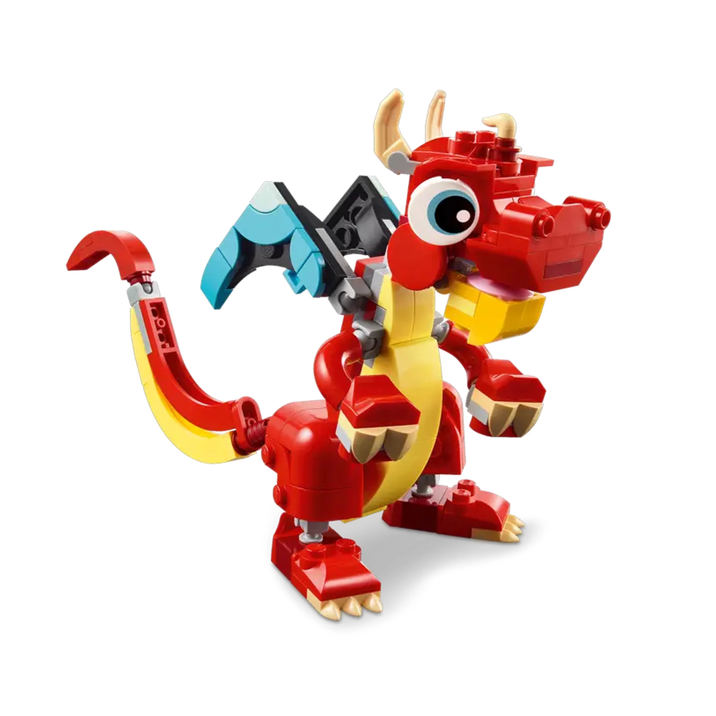 Friendly red LEGO dragon, featuring a vibrant red body, yellow belly, big expressive eyes, and blue wings.
