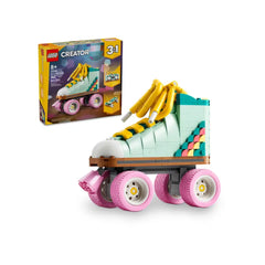 LEGO Creator Retro Roller Skate set featuring a colorful roller skate model with pink wheels, yellow laces, and a charming design, alongside its packaging.