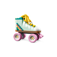 Colorful LEGO Creator Retro Roller Skate toy with pink wheels, yellow laces, and decorative heel, highlighting a retro design.