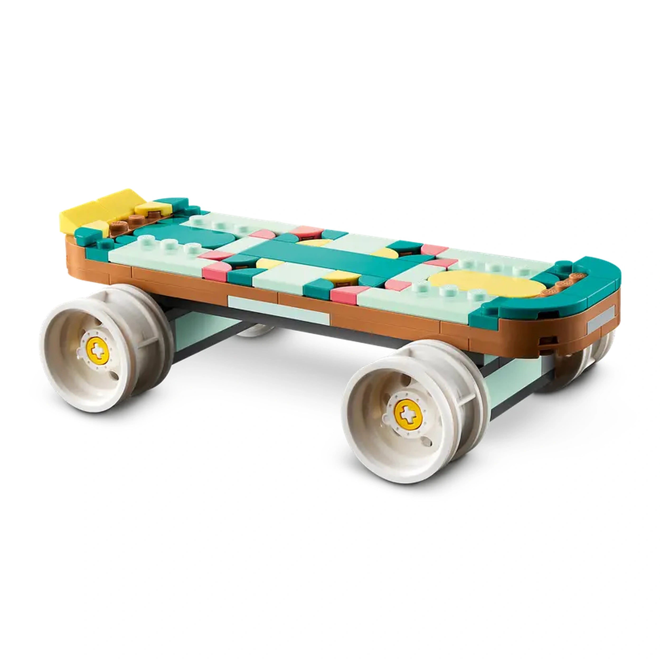 Colorful LEGO Creator Retro Roller Skate model featuring four moving wheels, vibrant patterns, and a playful design.
