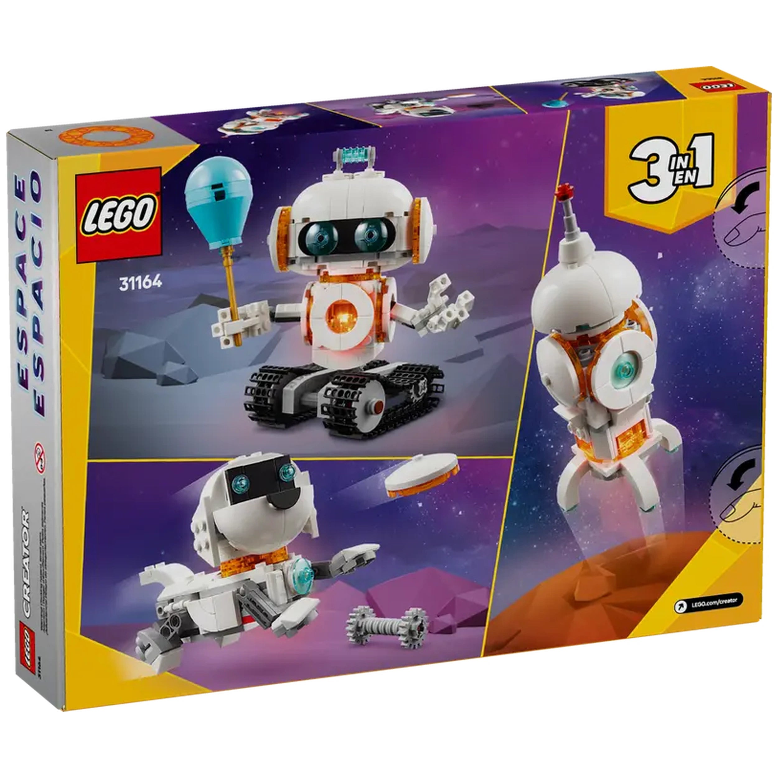 LEGO Creator 3in1 Space Robot construction set box showcasing a dynamic robot with a balloon, a space dog, and a sleek rocket on a cosmic background.