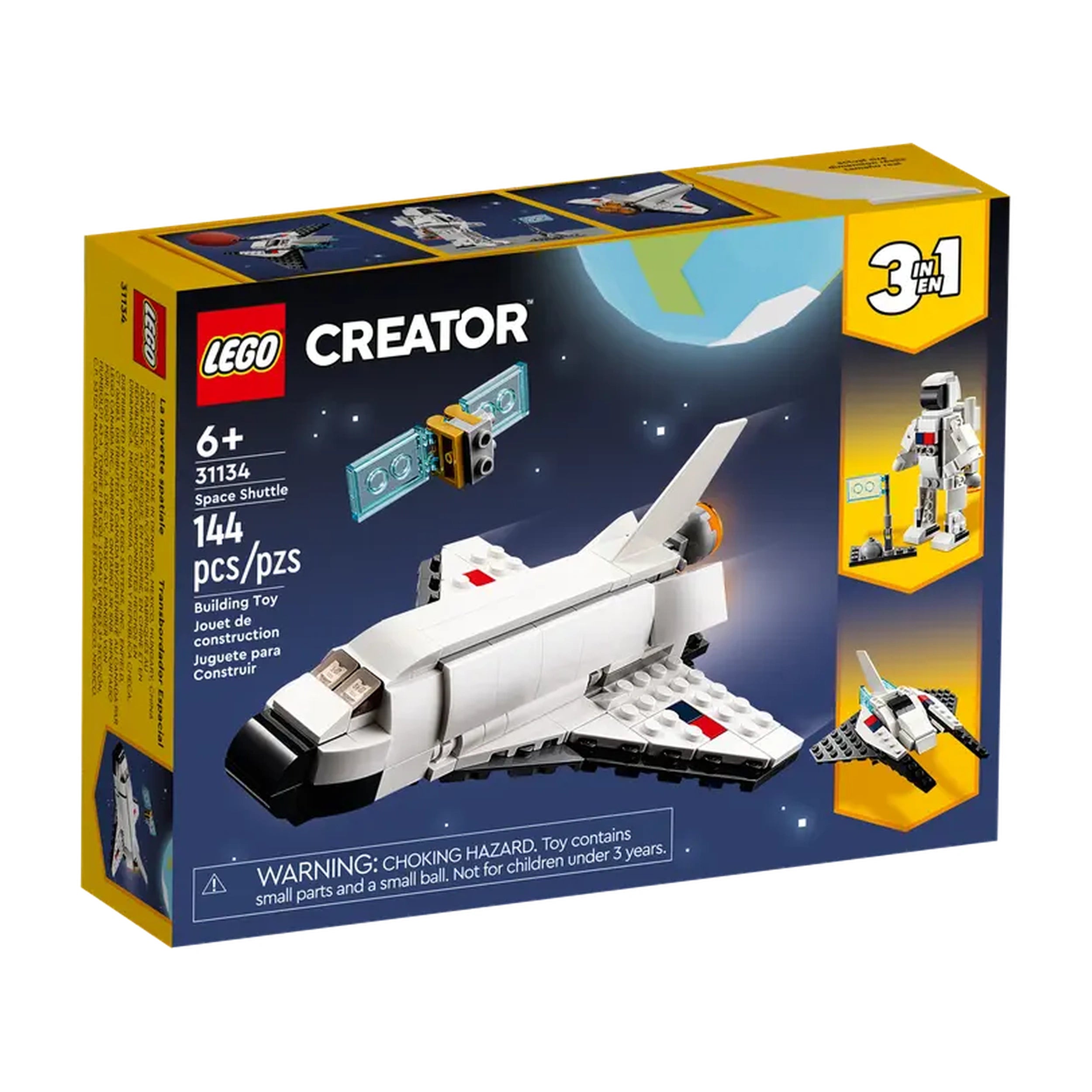 LEGO® Creator 3in1 Space Shuttle construction set packaging, featuring a space shuttle, astronaut figure, and detachable satellite.