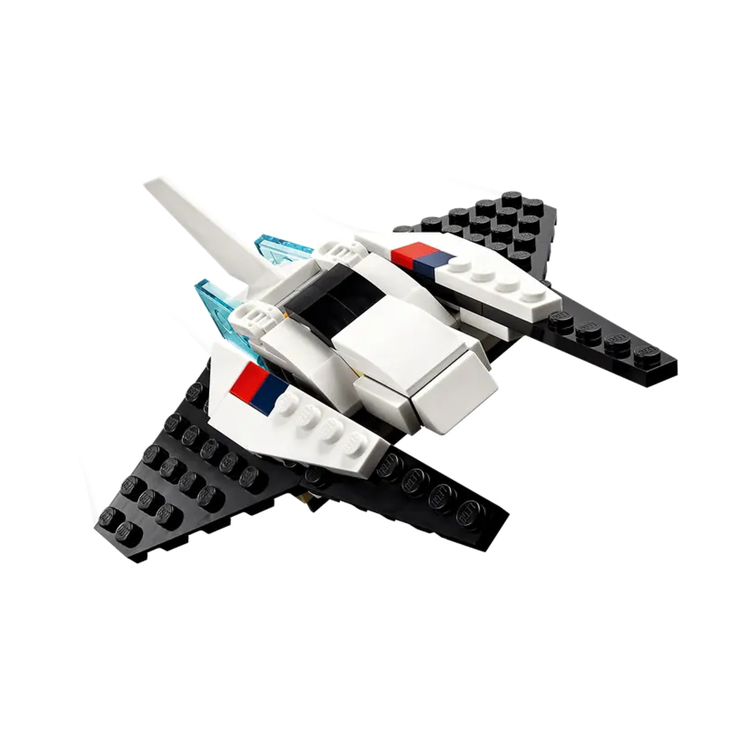 LEGO Creator 3in1 Space Shuttle model in white and black, featuring blue cockpit details, winglets, and a sleek body ready for imaginative space adventures.
