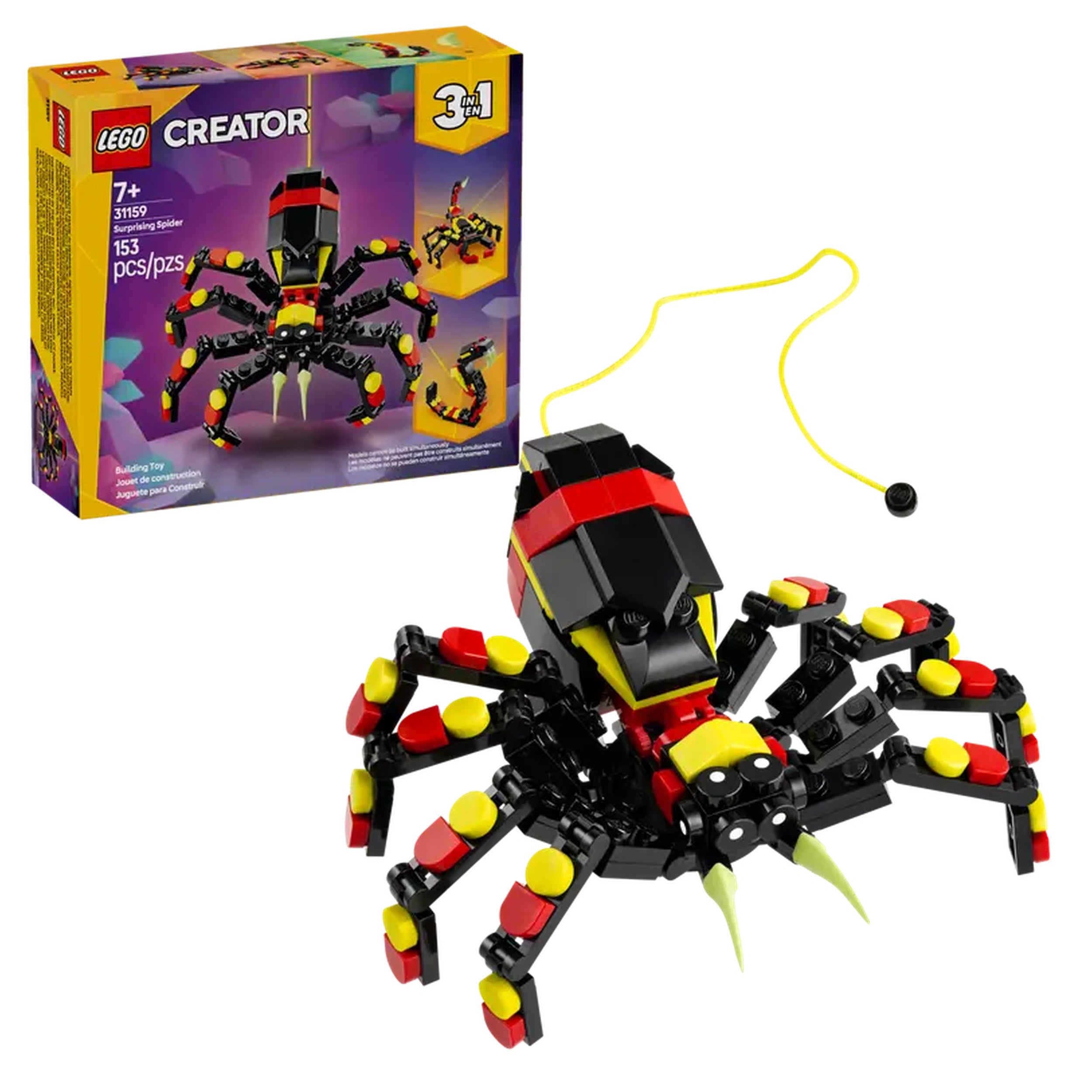 LEGO Creator Surprising Spider construction set features a vibrant, posable spider with black, yellow, and red colors, and a neon-yellow web.