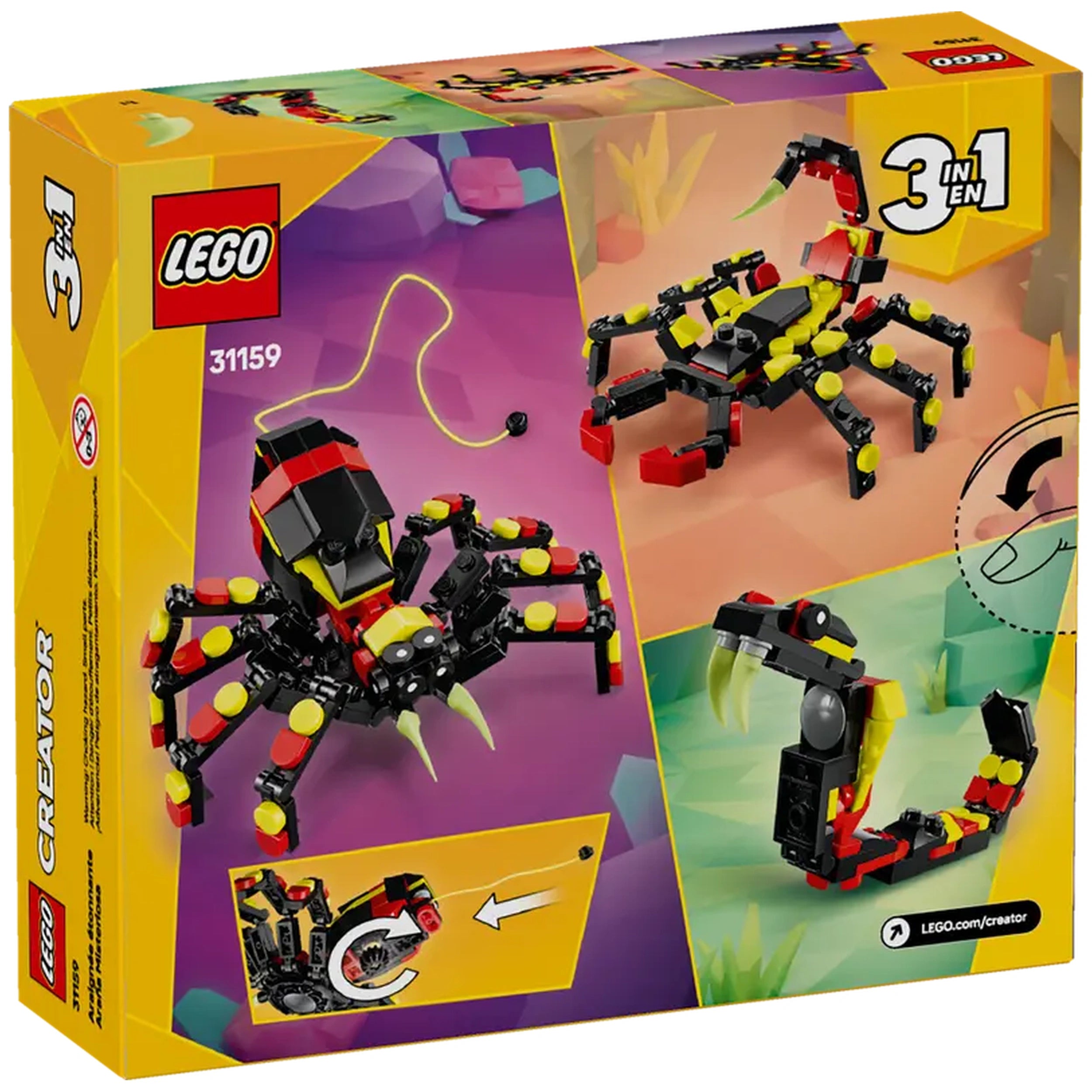 Colorful LEGO Creator 3-in-1 construction set, featuring a posable black and yellow spider with articulated legs and large teeth, set against a vibrant geometric background.