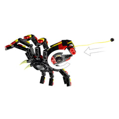 Posable LEGO spider toy in vibrant black, red, and yellow, featuring eight articulated legs, large teeth, and a pulled neon-yellow web.