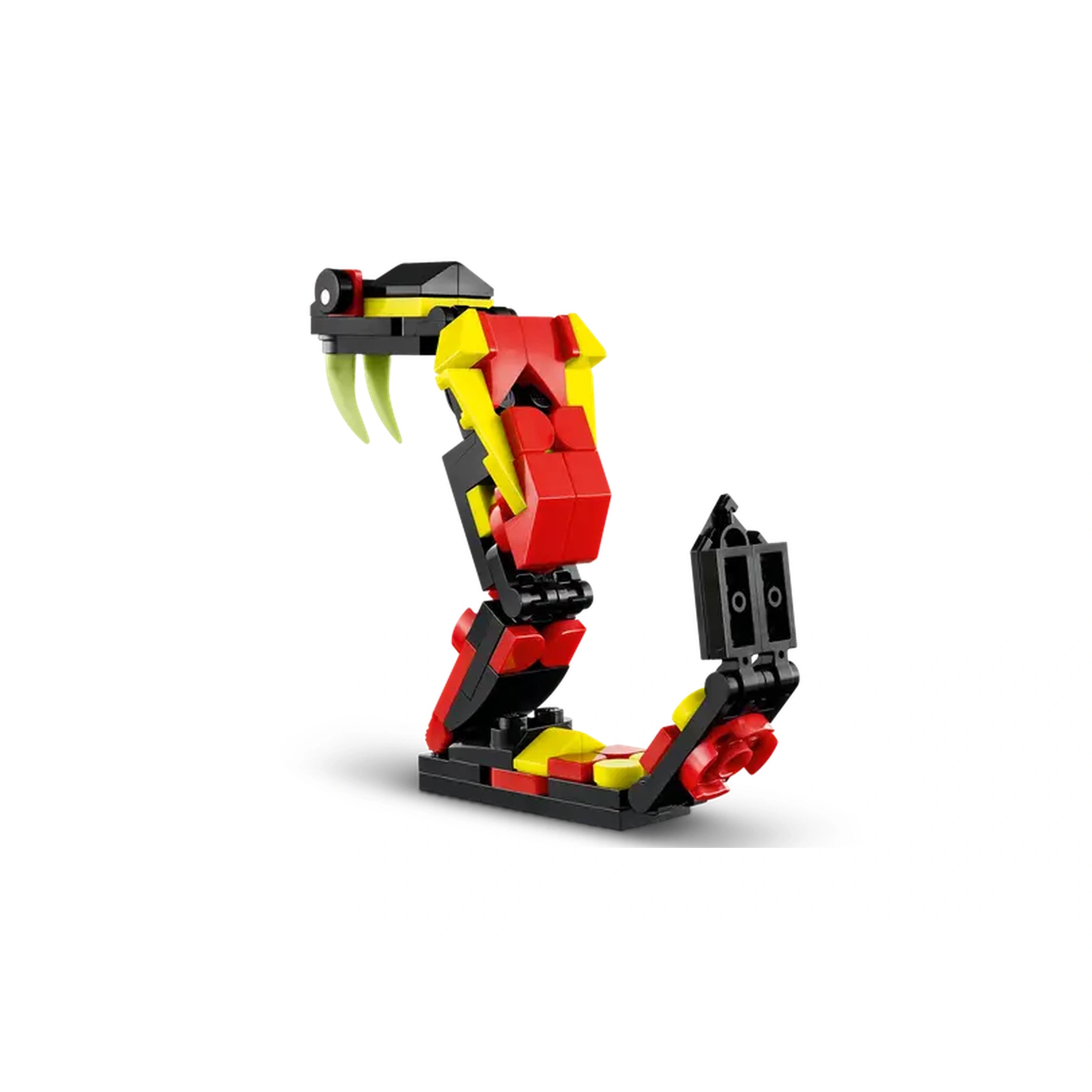 Posable LEGO spider with vibrant red, yellow, and black colors, featuring articulated legs and large teeth, showcasing a unique design.