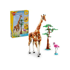 LEGO Creator Wild Safari Animals set featuring a posable giraffe, a flamingo, and a small brick-built tree, with colorful packaging.
