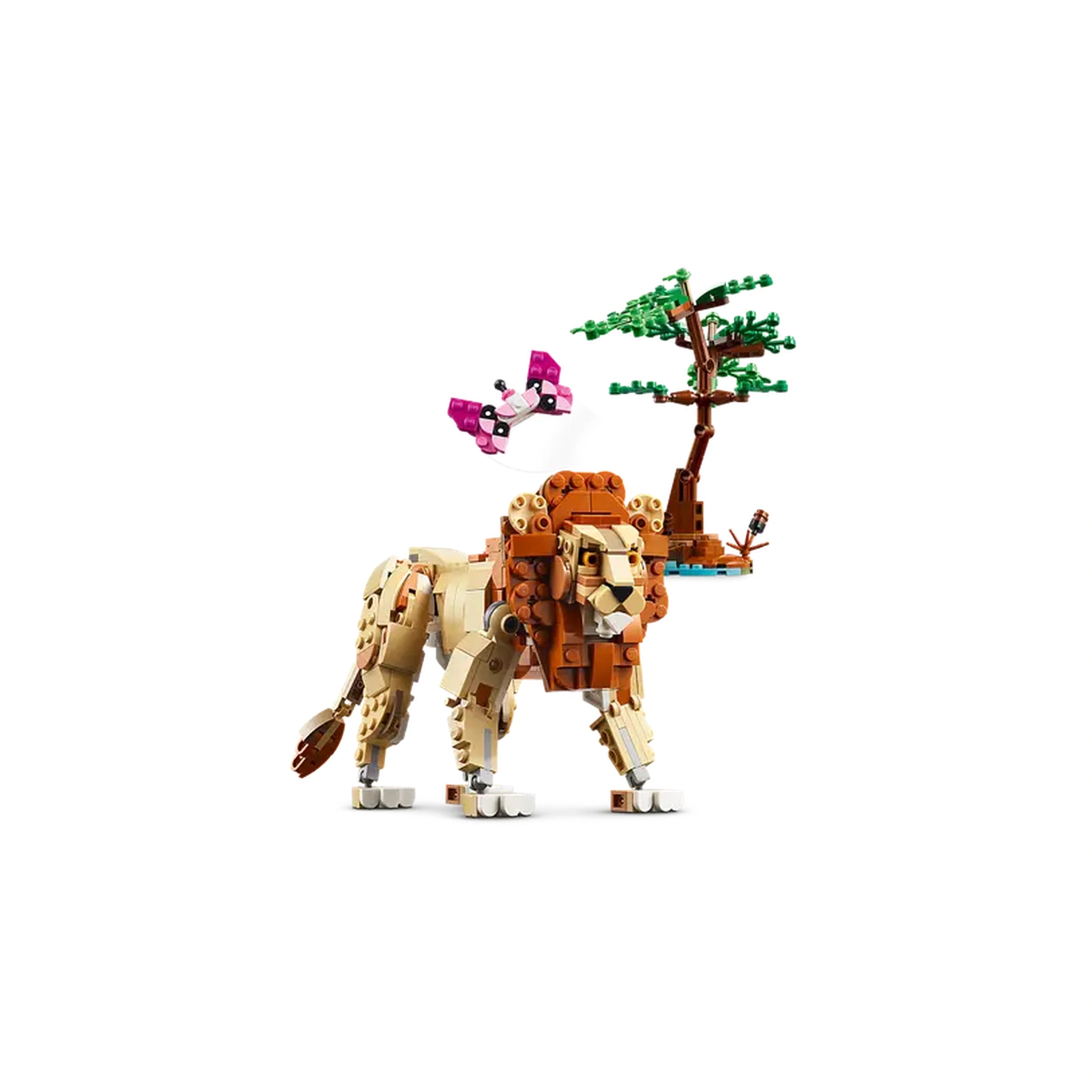LEGO Creator Wild Safari Animals set features a detailed lion model with a brown mane, alongside a pink flamingo and a green tree.