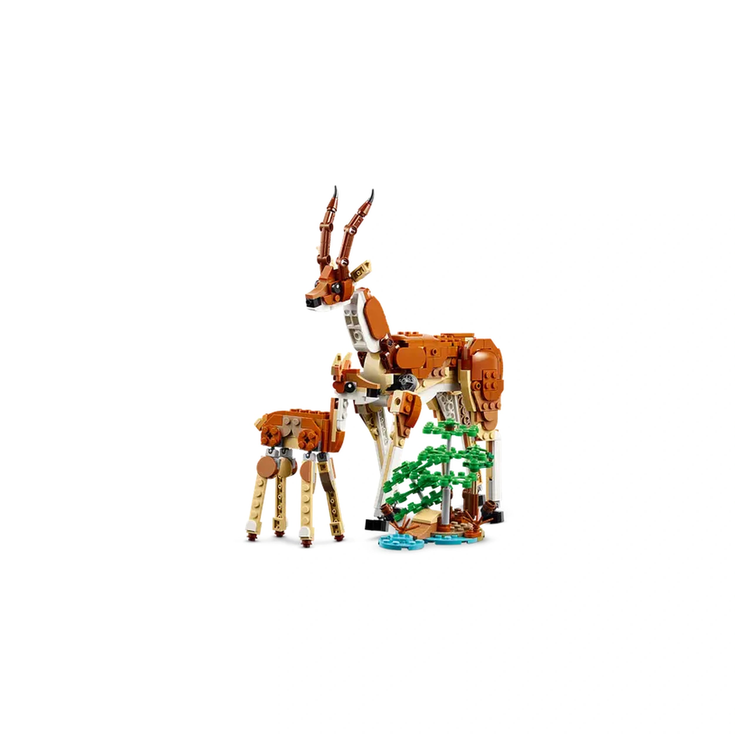 Two LEGO® models of safari animals: a large giraffe with articulated legs and a smaller giraffe, alongside a green tree and blue water.
