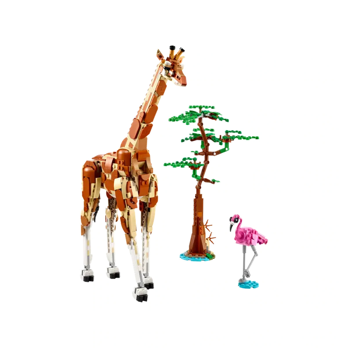 Posable LEGO® giraffe with a long neck and intricate patterns stands beside a pink flamingo and a small green tree.