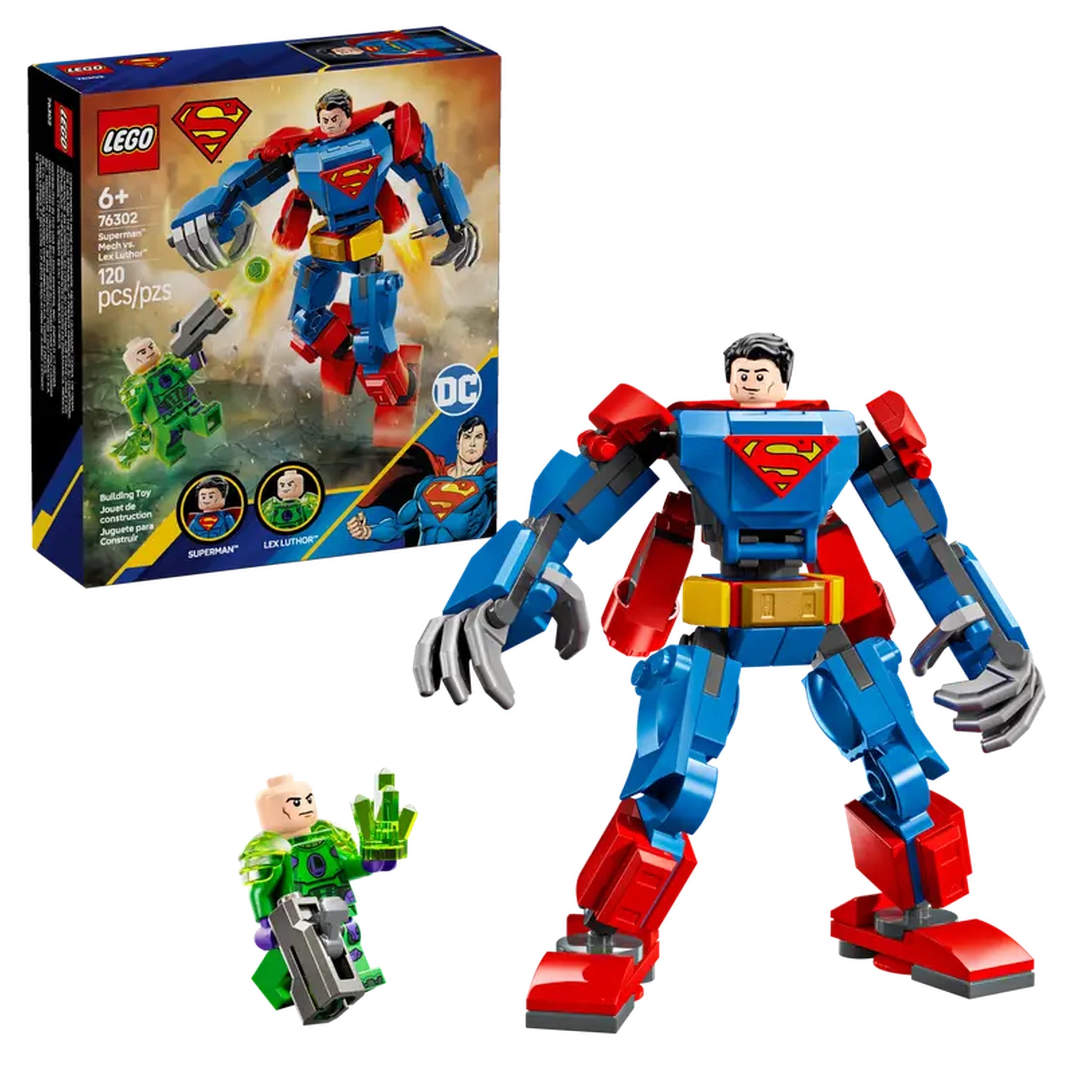 Superman Mech in bright blue and red, standing tall with intricate details. Next to it, a small Lex Luthor figure holding a green Kryptonite crystal. The colorful box with images of both characters is positioned in the background.