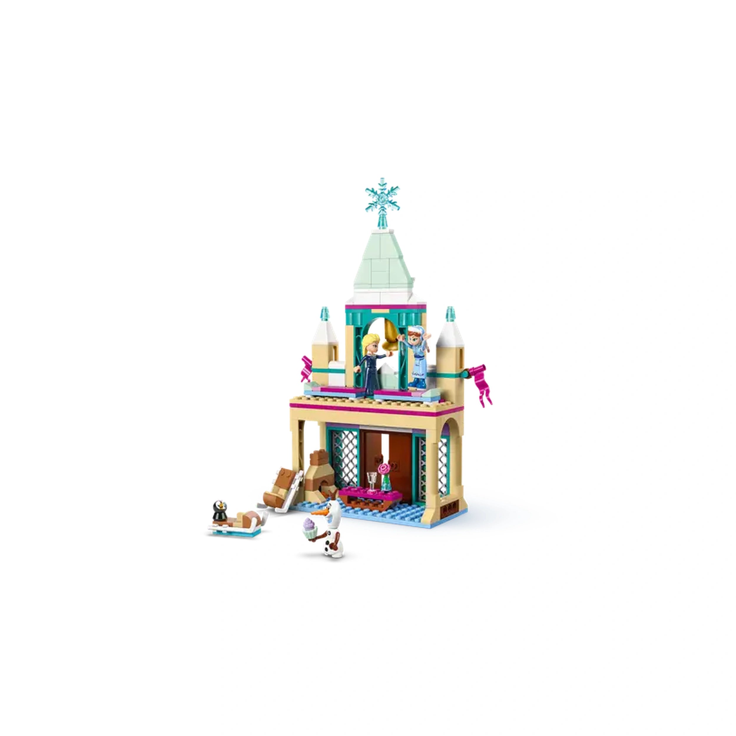 LEGO® Disney Frozen Arendelle Castle set featuring mini-doll figures of Elsa and Anna, with Olaf the snowman, detailed architecture, and playful accessories.