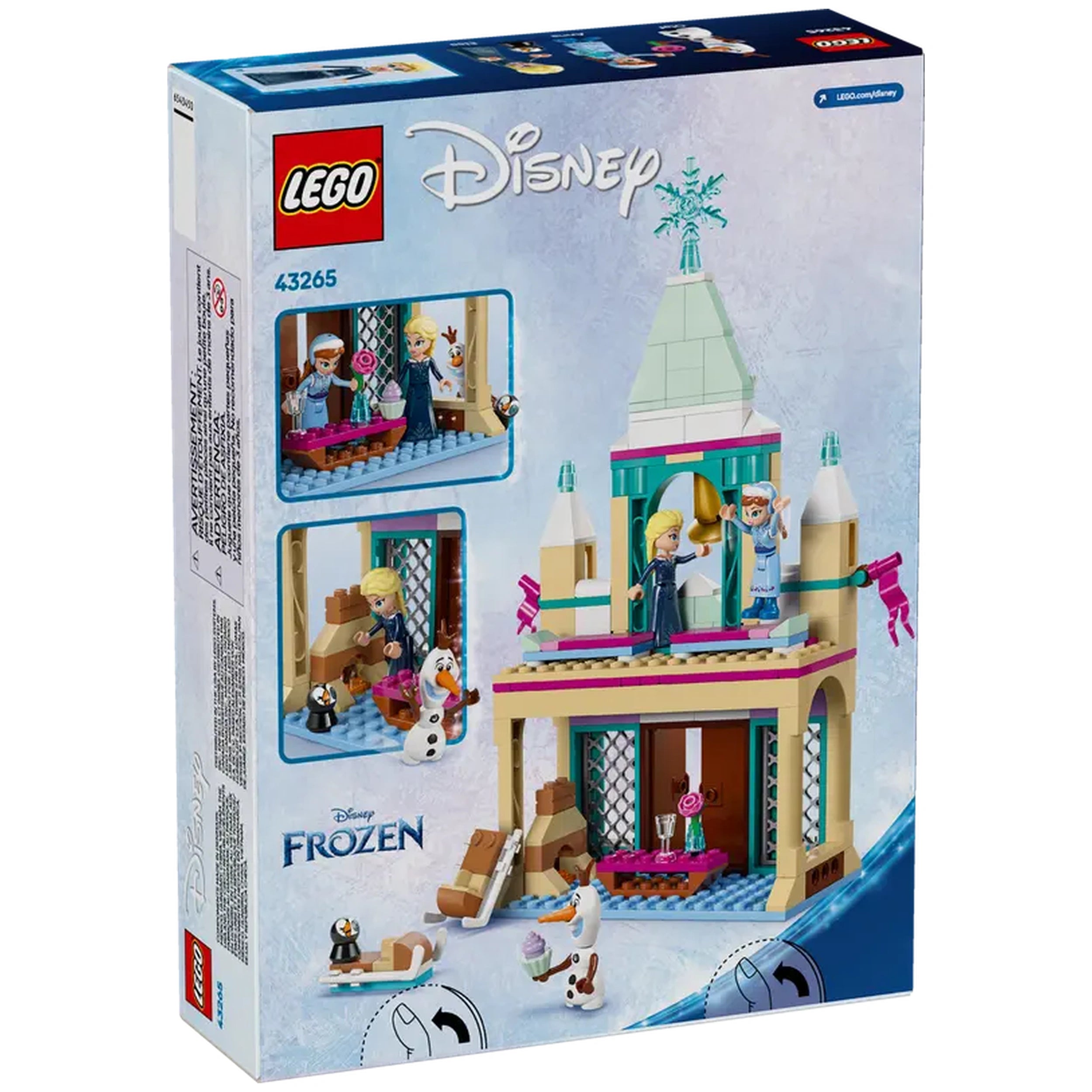 LEGO Disney Frozen Arendelle Castle set features Elsa and Olaf figures, a colorful castle with detailed architecture, and various play scenes.