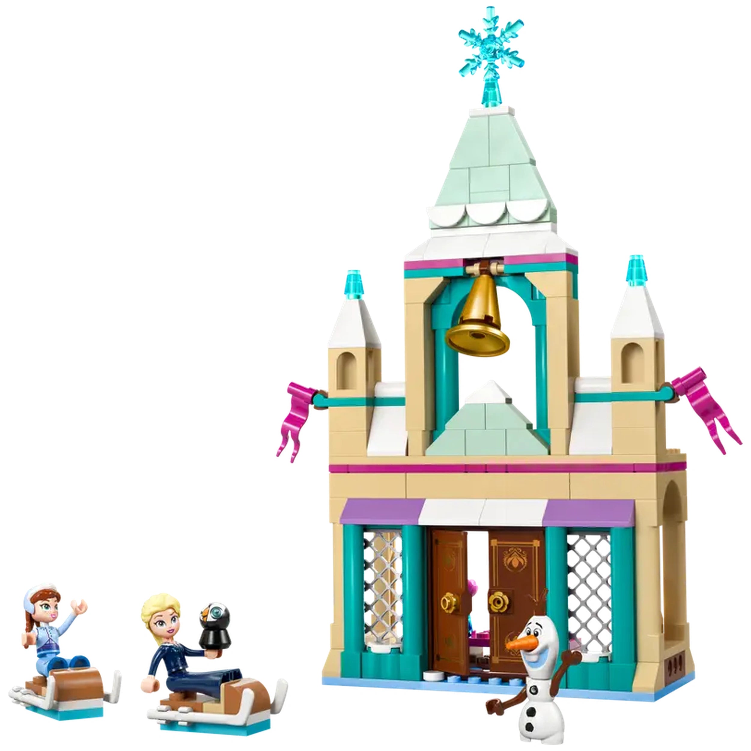 LEGO Disney Frozen Arendelle Castle set featuring a colorful building with a bell, alongside mini-dolls of Elsa and Anna, and Olaf the snowman.