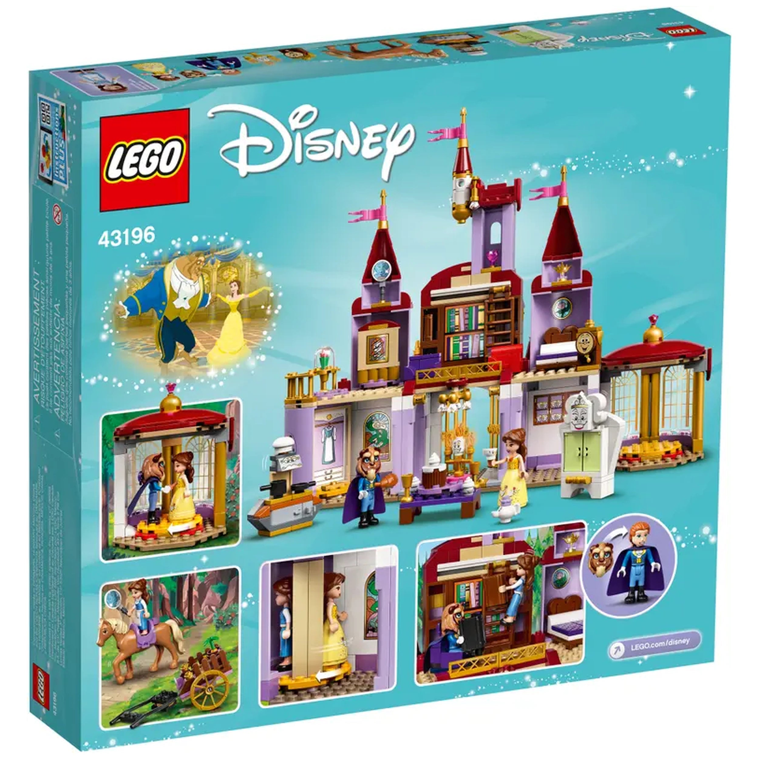 LEGO® Disney Belle and the Beast's Castle set showcases a colorful two-story castle with intricate details, featuring characters Belle, Beast, and Philippe. The set includes vibrant accessories like a spinning dance floor and a rotating closet, perfect for recreating scenes from the classic film.